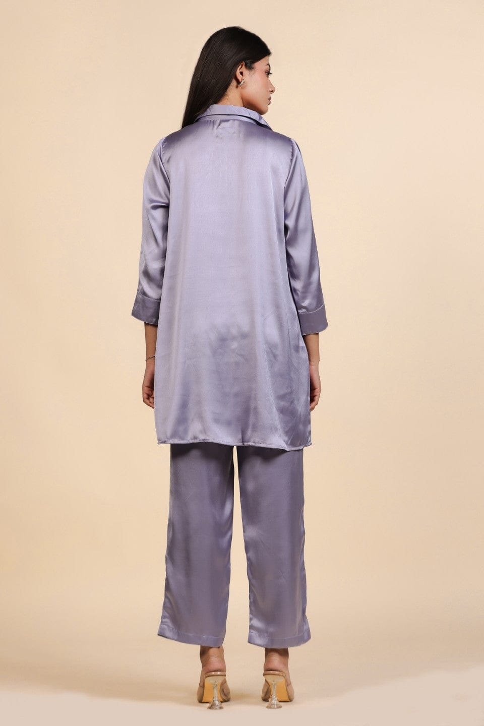The Kaftan Company Pyjama Set Lavender Lustrous Satin Button-Down Shirt and Pyjama Nightsuit