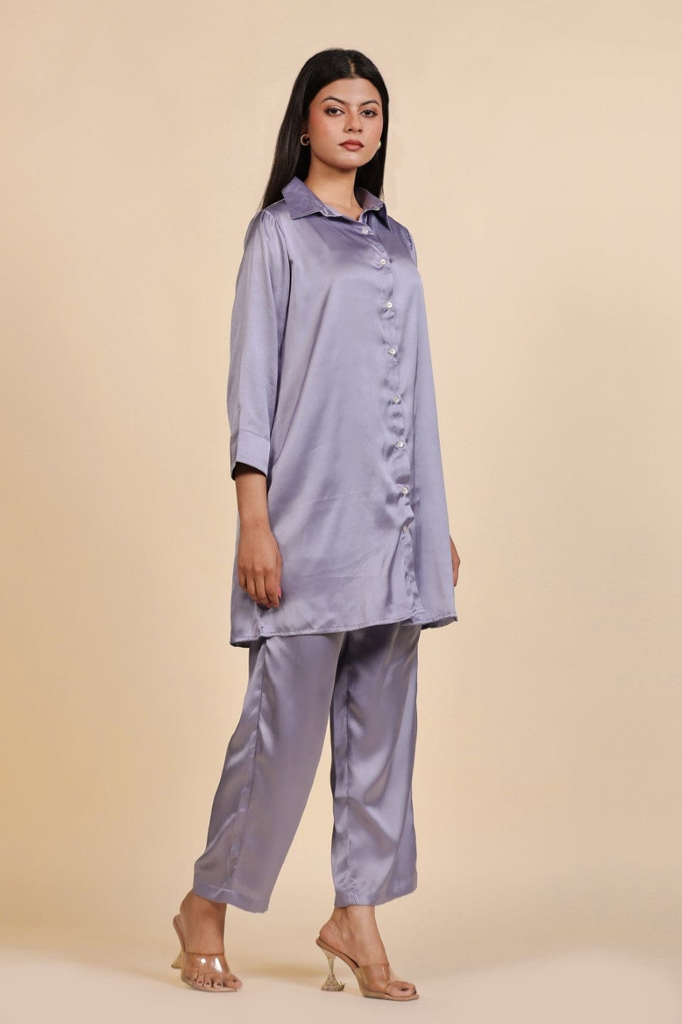 The Kaftan Company Pyjama Set Lavender Lustrous Satin Button-Down Shirt and Pyjama Nightsuit