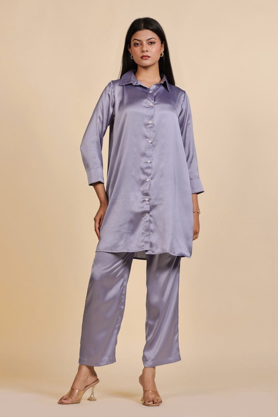 The Kaftan Company Pyjama Set Lavender Lustrous Satin Button-Down Shirt and Pyjama Nightsuit