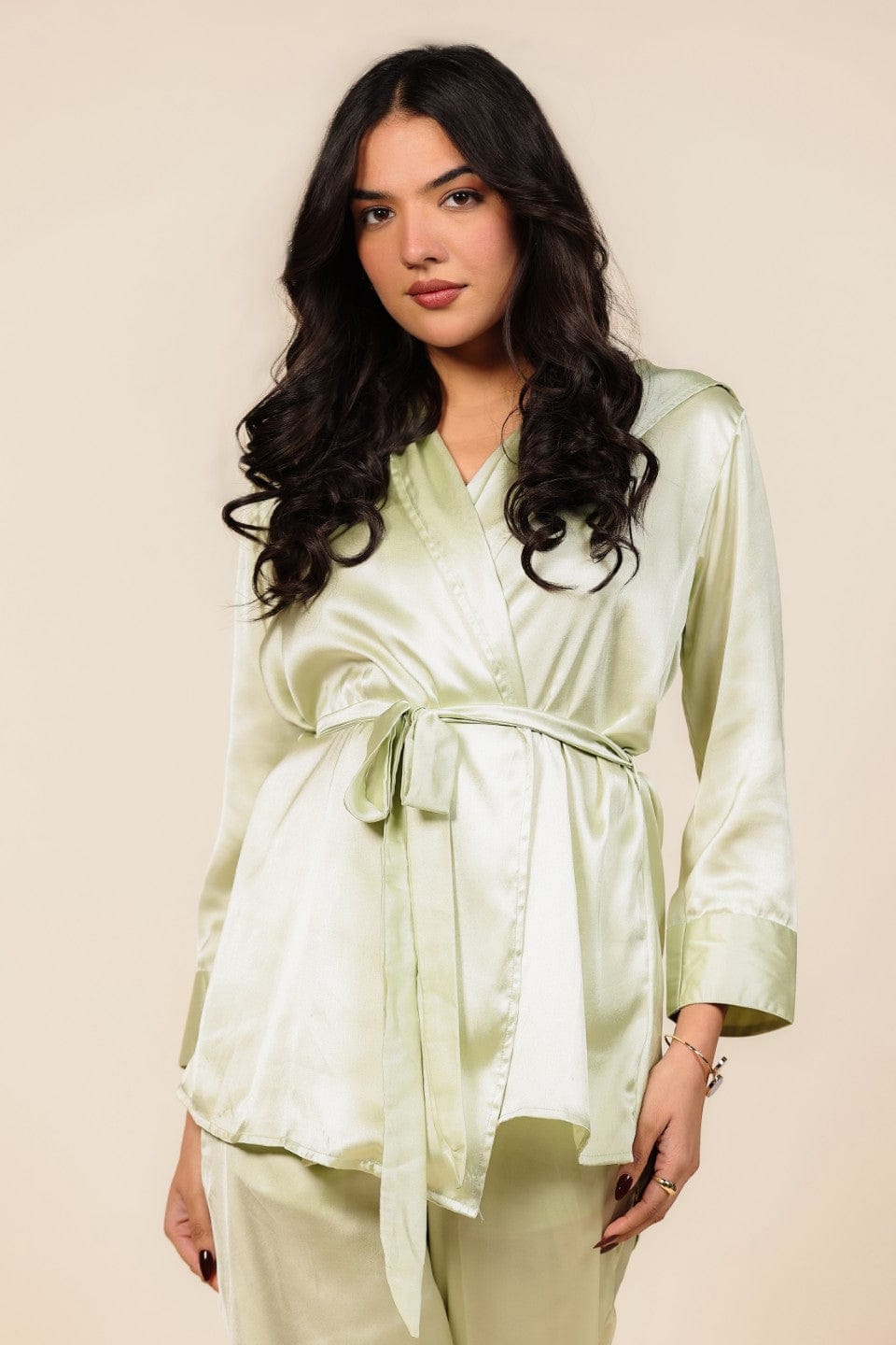 The Kaftan Company Pyjama Set Light Green Satin Hooded Lounge Wear Set