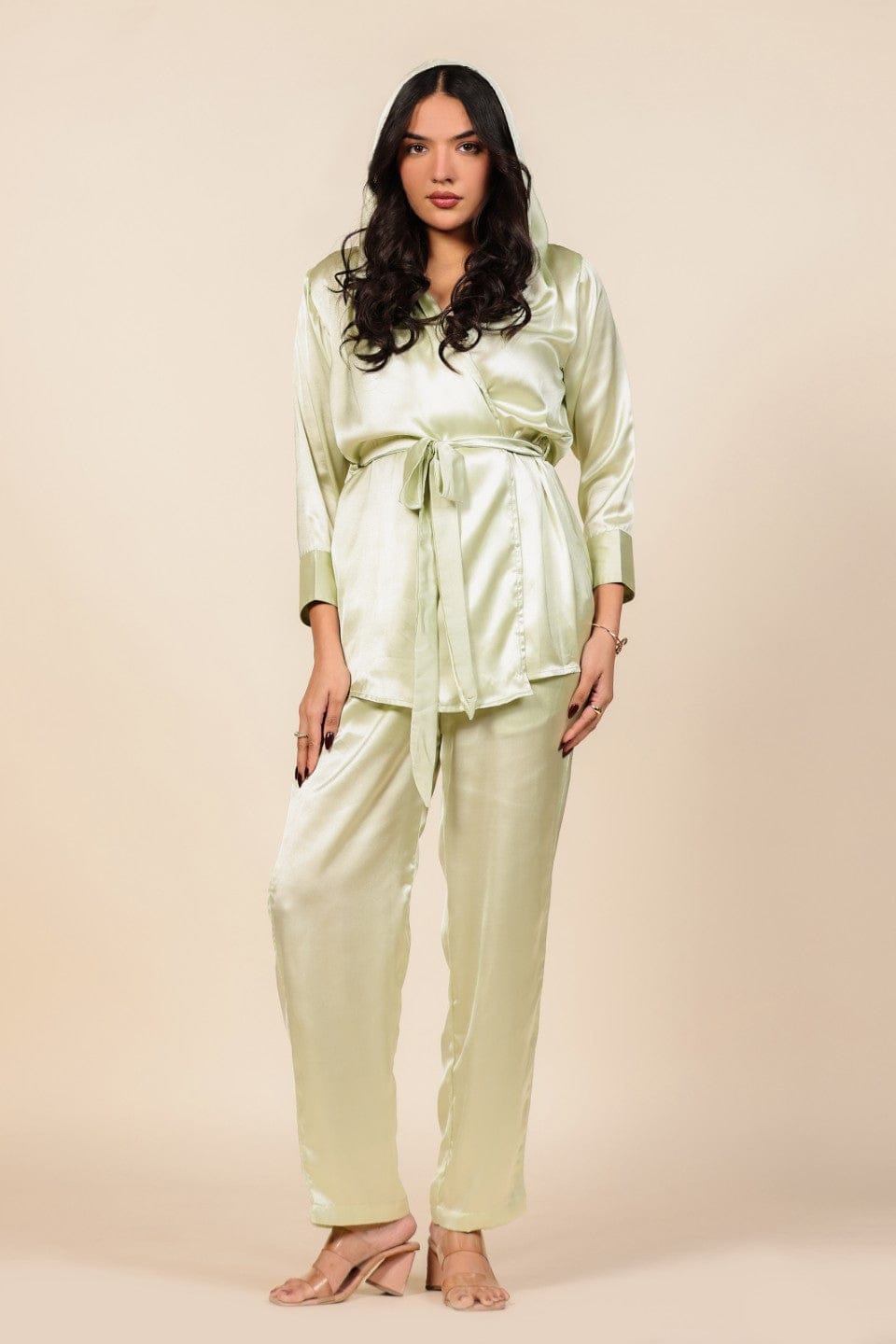 The Kaftan Company Pyjama Set Light Green Satin Hooded Lounge Wear Set