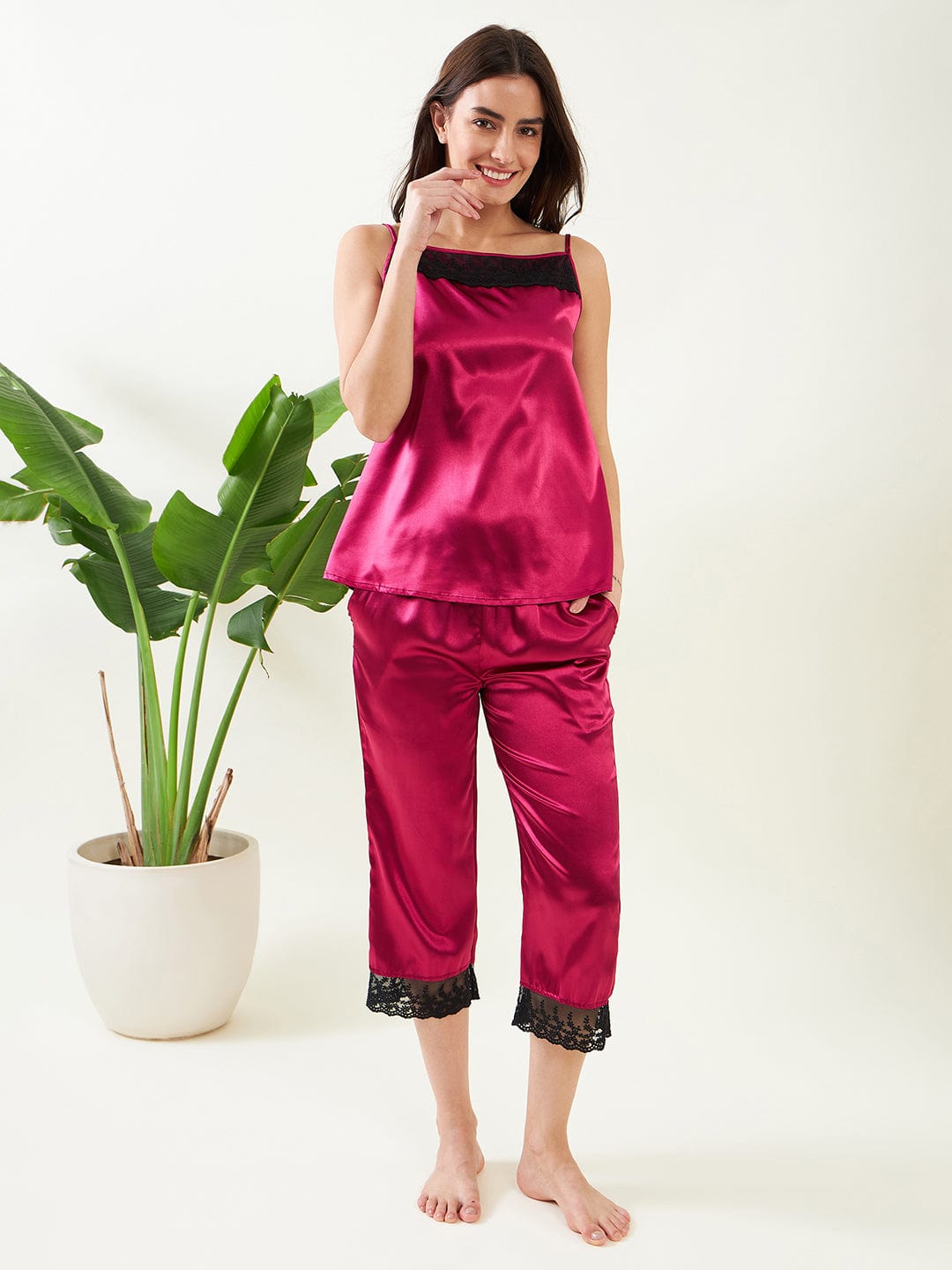 The Kaftan Company Pyjama Set Maroon Satin Slip and Pyjama Nightwear Set
