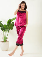 The Kaftan Company Pyjama Set Maroon Satin Slip and Pyjama Nightwear Set