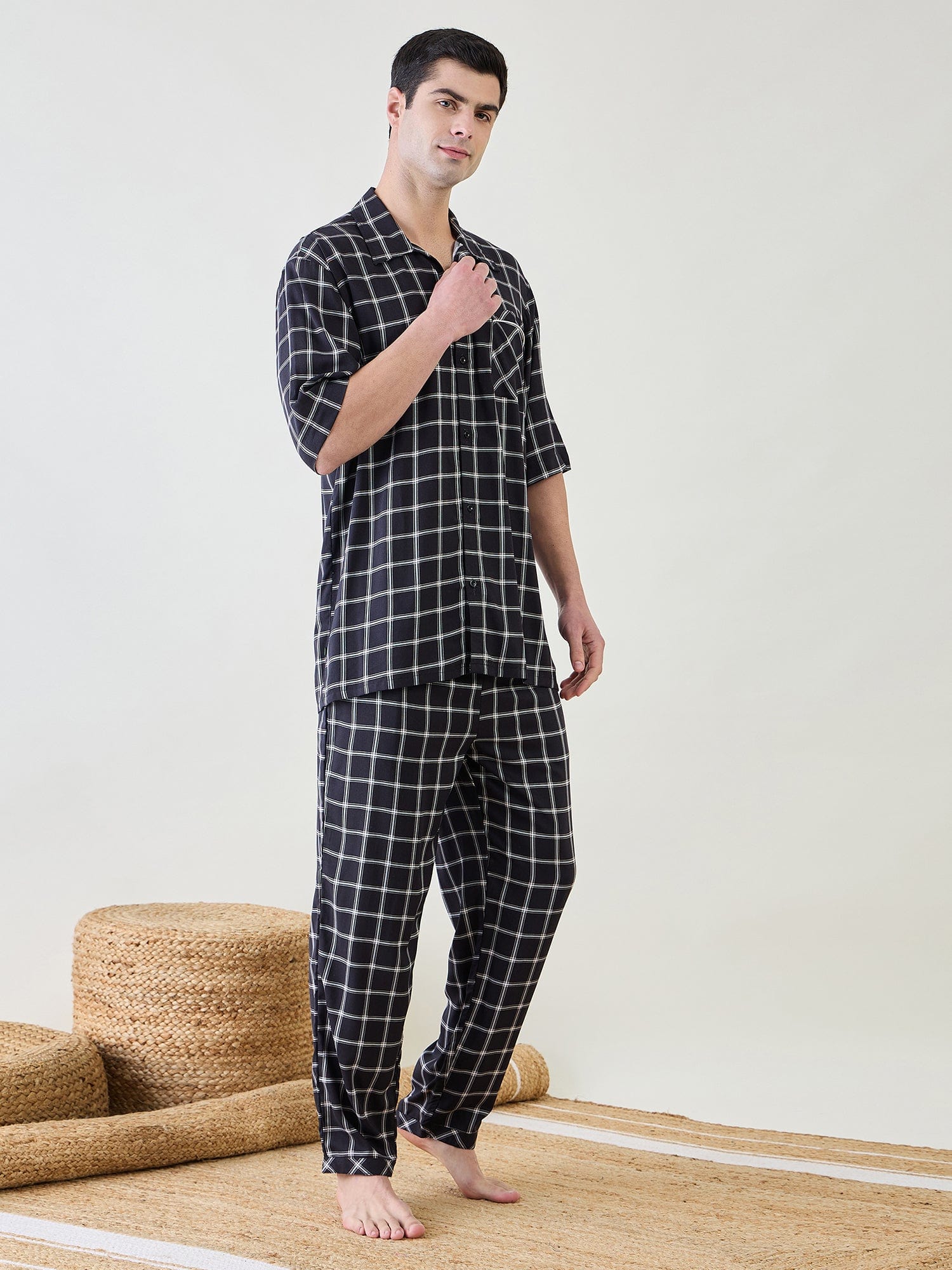 The Kaftan Company Pyjama Set Mens  Black Checks Pyjama Set