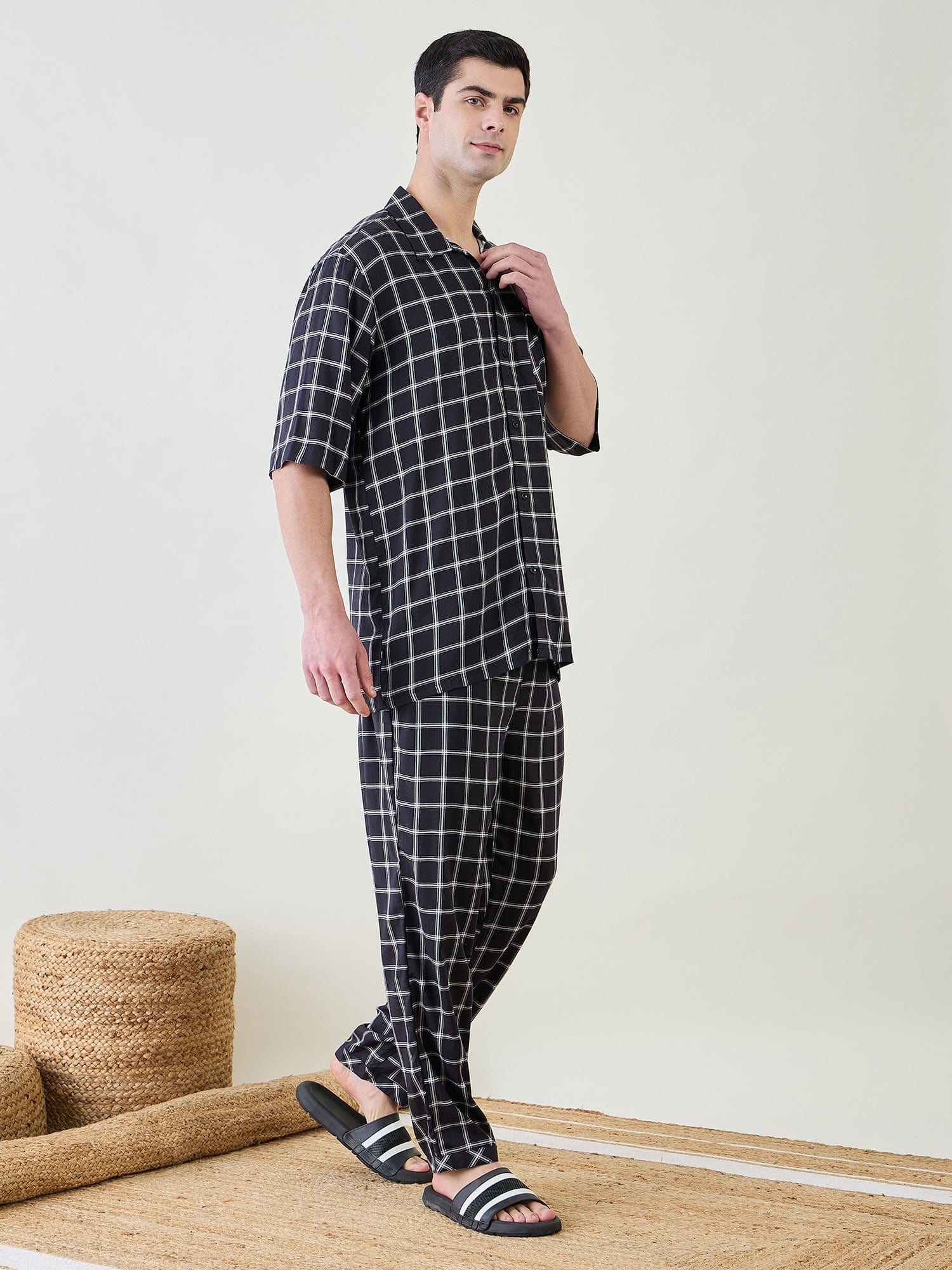 The Kaftan Company Pyjama Set Mens  Black Checks Pyjama Set