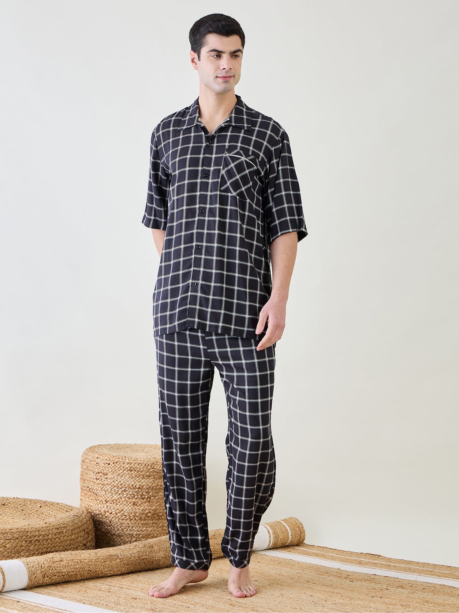 The Kaftan Company Pyjama Set Mens  Black Checks Pyjama Set