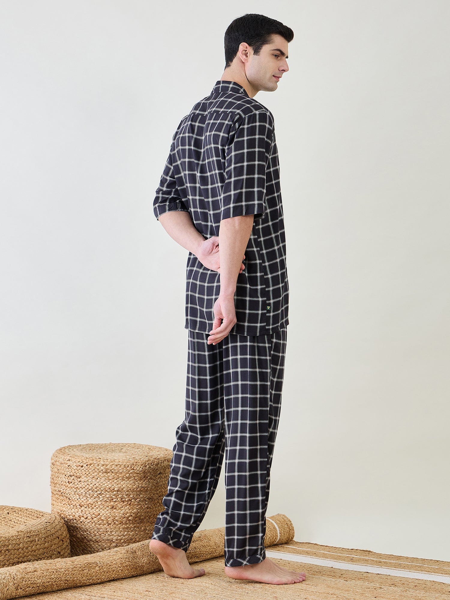 The Kaftan Company Pyjama Set Mens  Black Checks Pyjama Set
