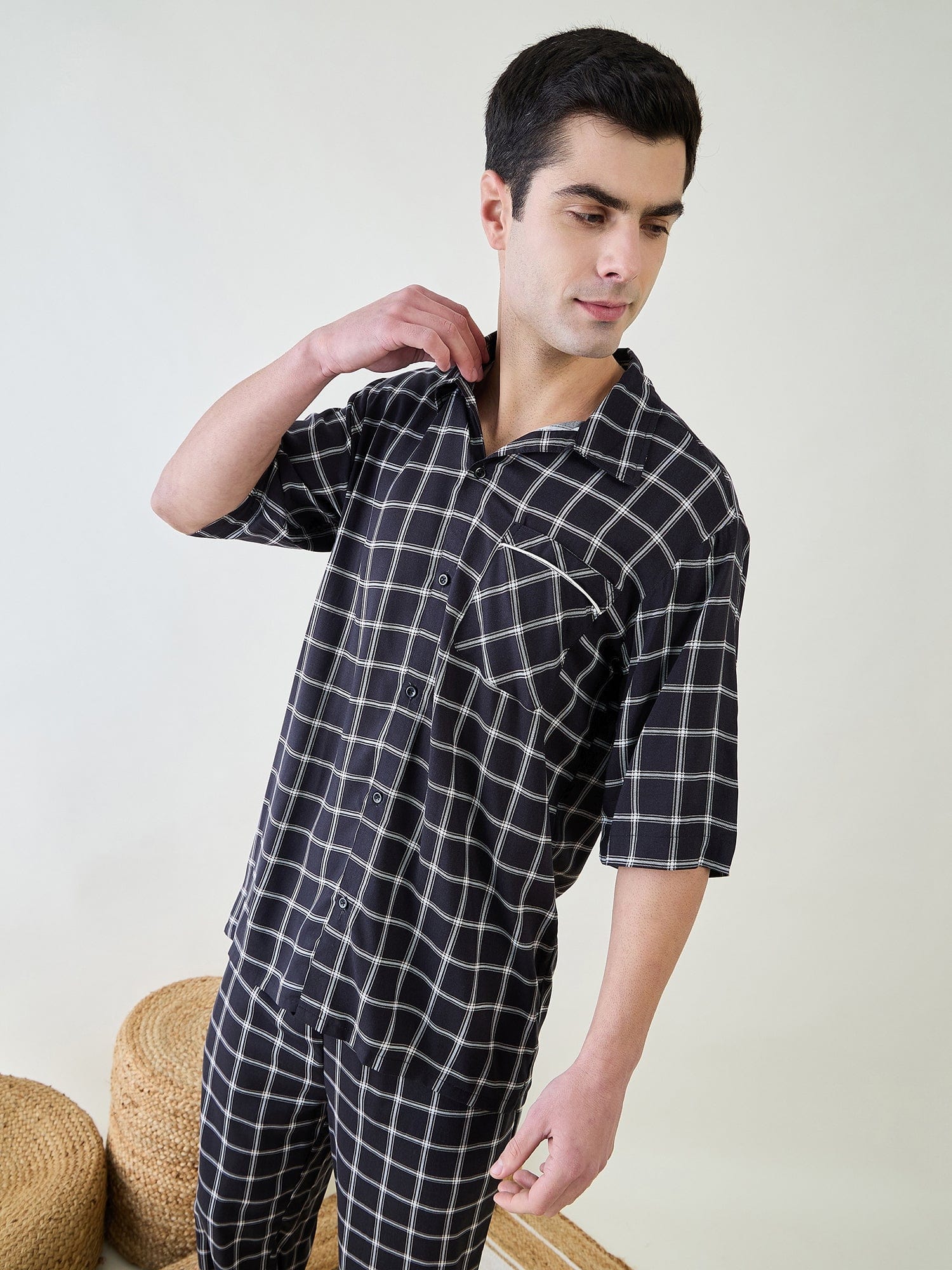 The Kaftan Company Pyjama Set Mens  Black Checks Pyjama Set