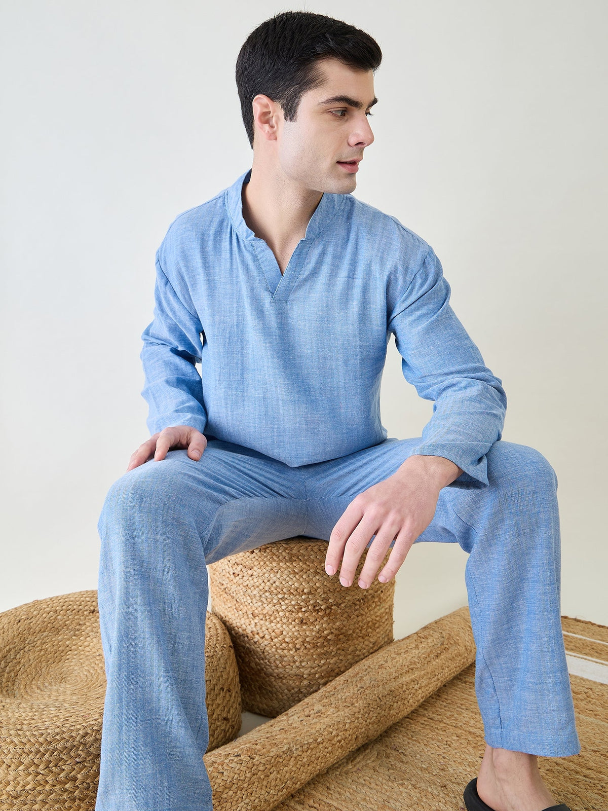 The Kaftan Company Pyjama Set Mens Blue Cotton Pyjama Set