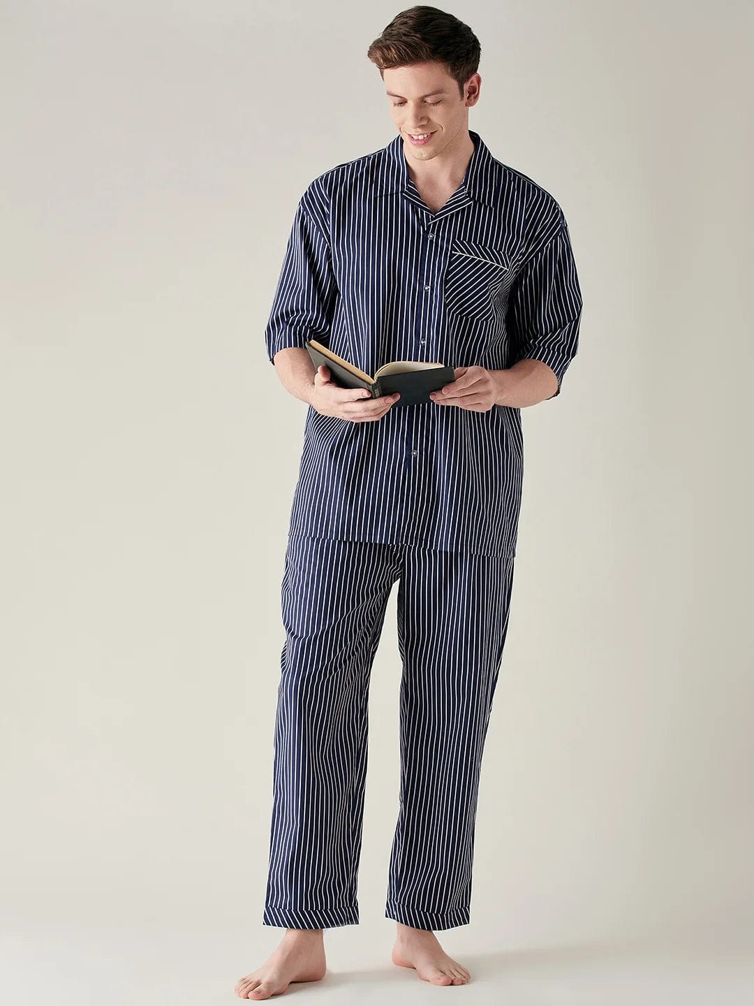 The Kaftan Company Pyjama Set Mens Blue Pinstriped Pure Cotton Pyjama Set