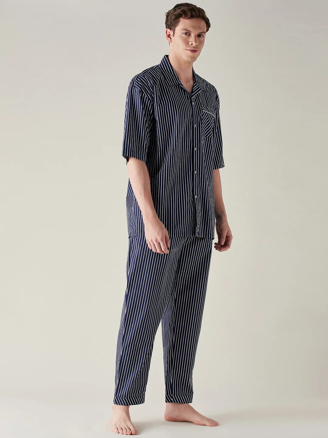 The Kaftan Company Pyjama Set Mens Blue Pinstriped Pure Cotton Pyjama Set
