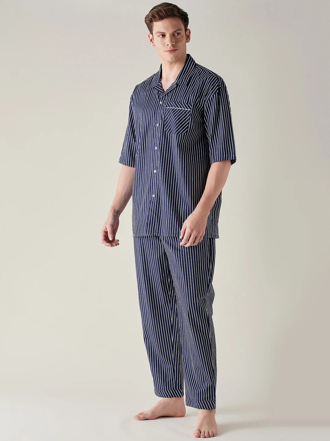 The Kaftan Company Pyjama Set Mens Blue Pinstriped Pure Cotton Pyjama Set