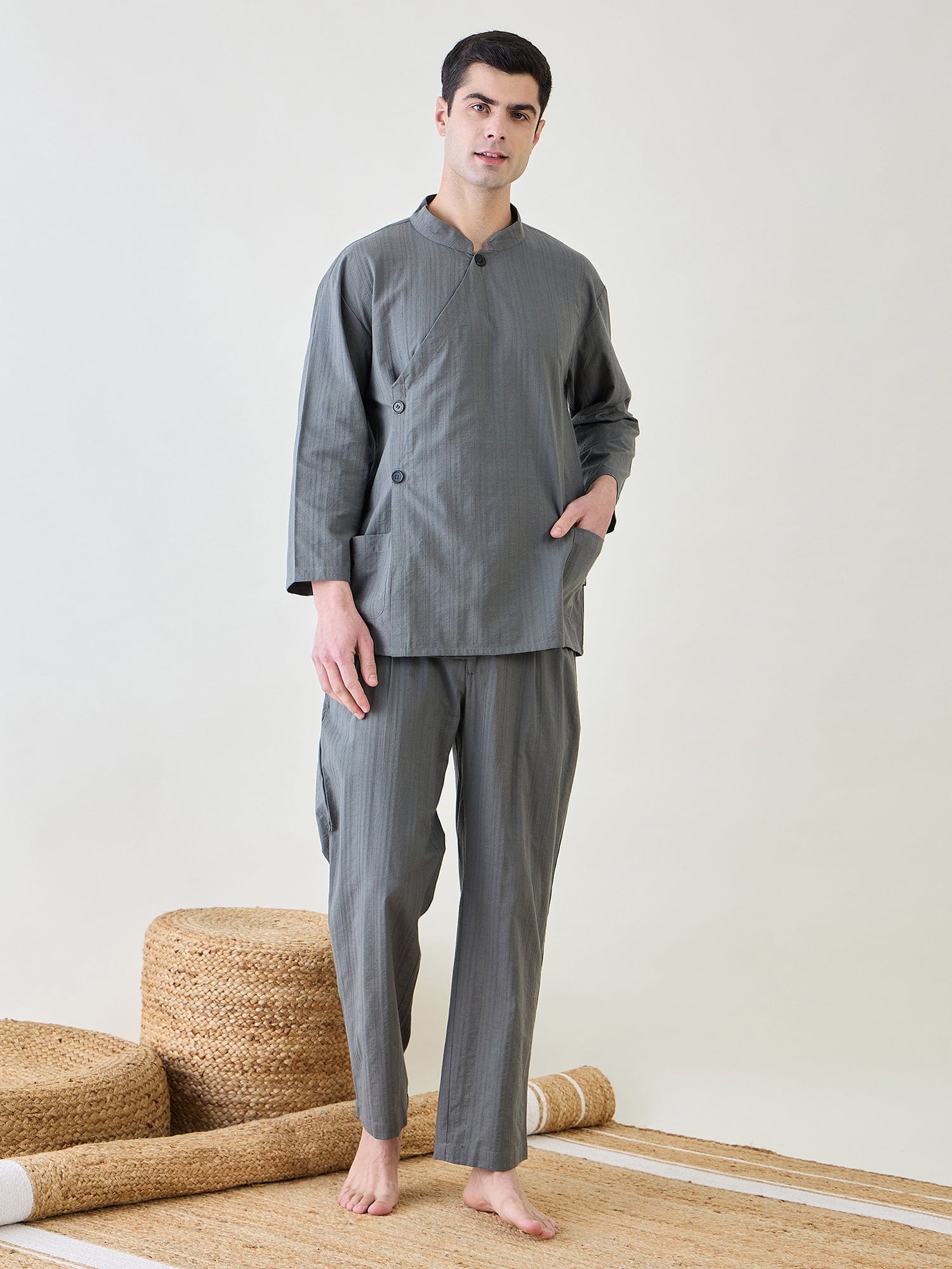 The Kaftan Company Pyjama Set Mens Grey Top and Pants Lounge Set