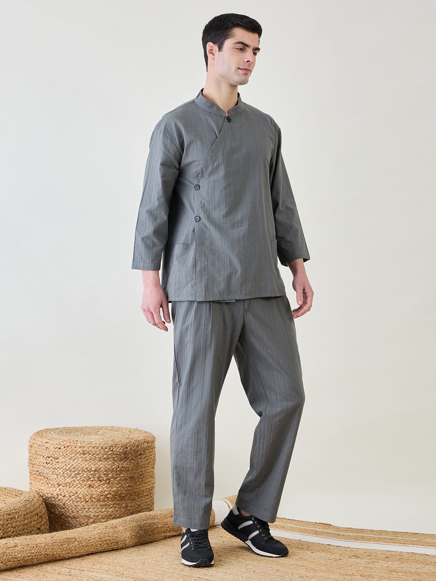 The Kaftan Company Pyjama Set Mens Grey Top and Pants Lounge Set