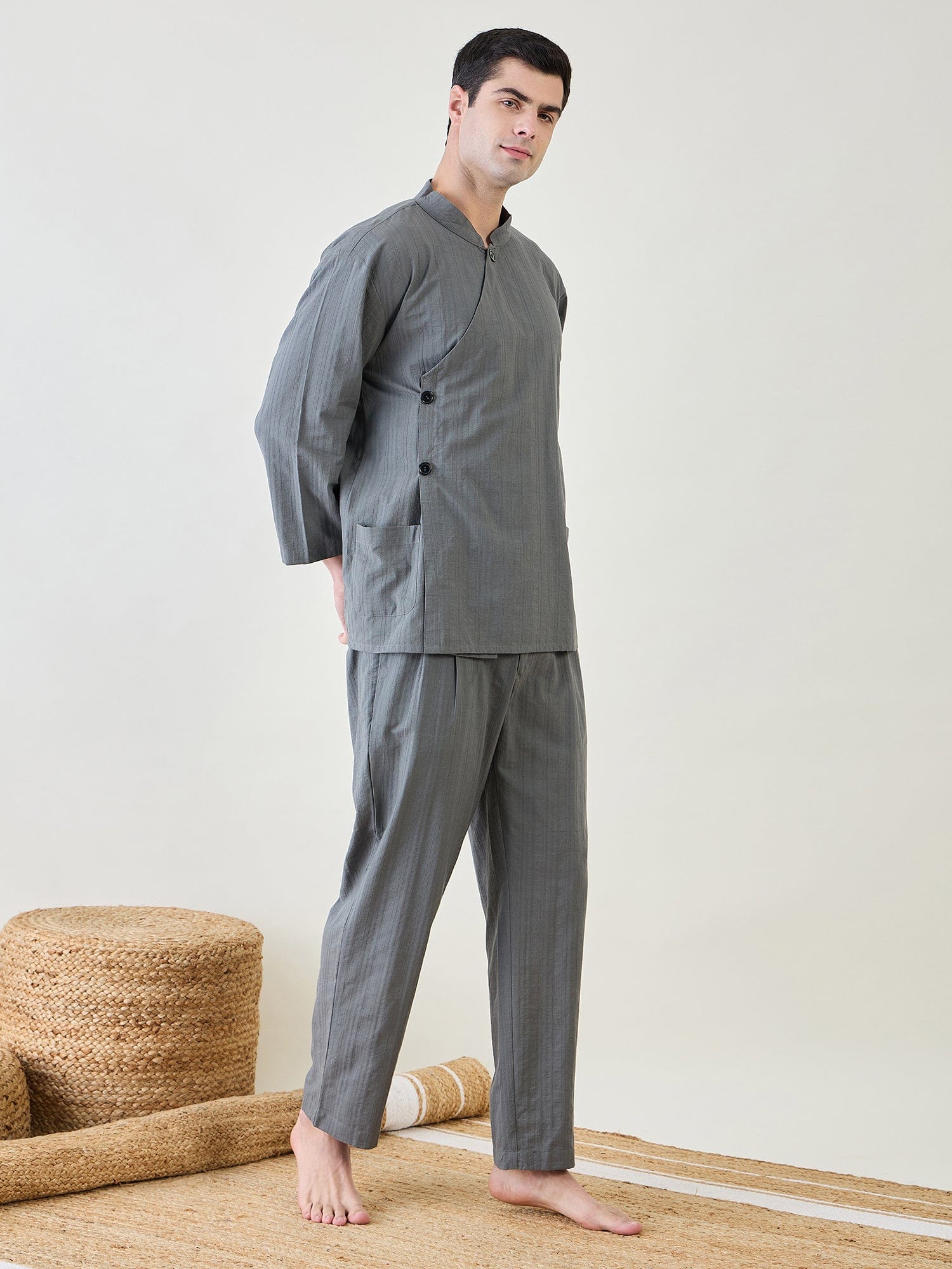 The Kaftan Company Pyjama Set Mens Grey Top and Pants Lounge Set