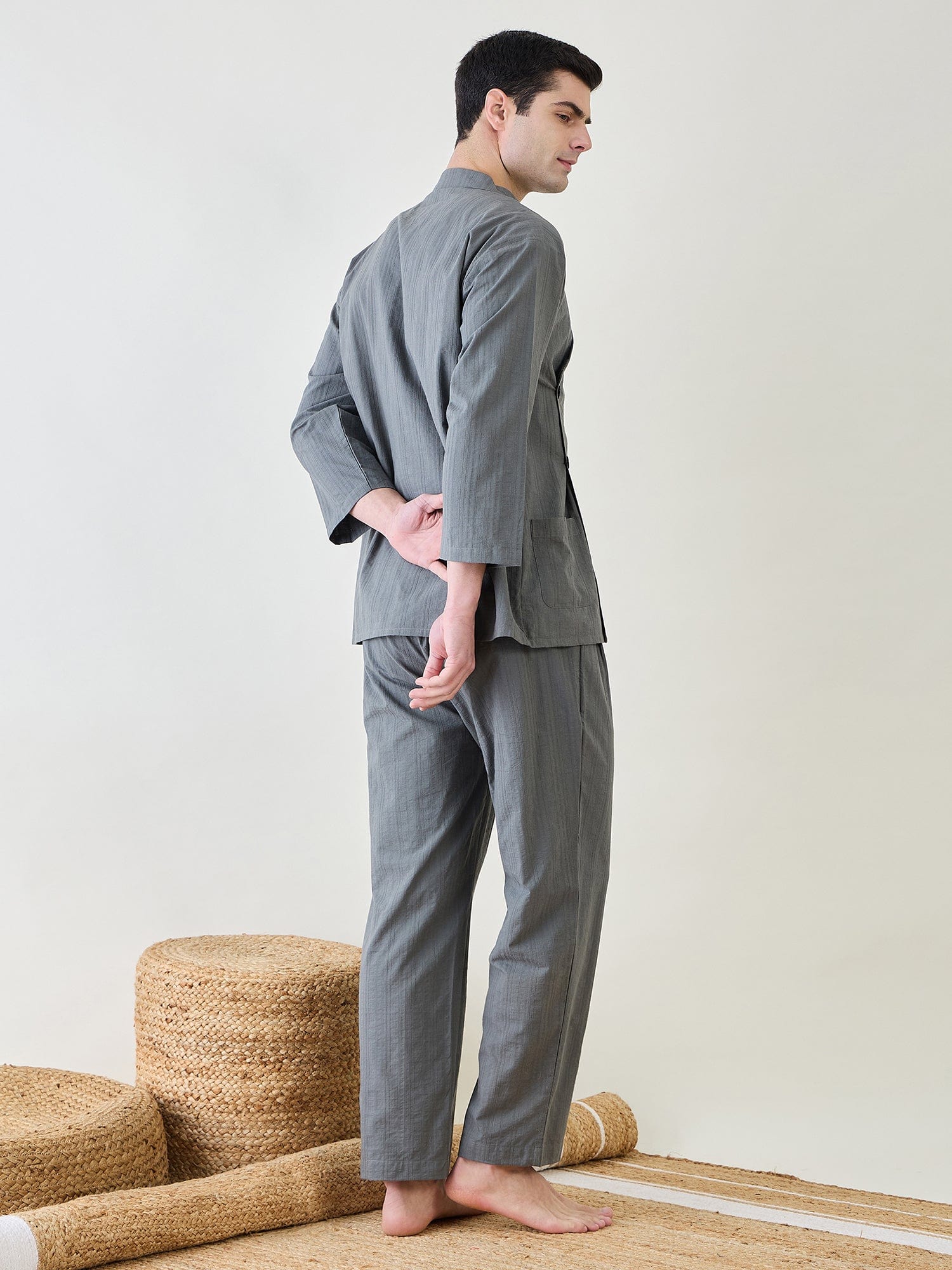 The Kaftan Company Pyjama Set Mens Grey Top and Pants Lounge Set