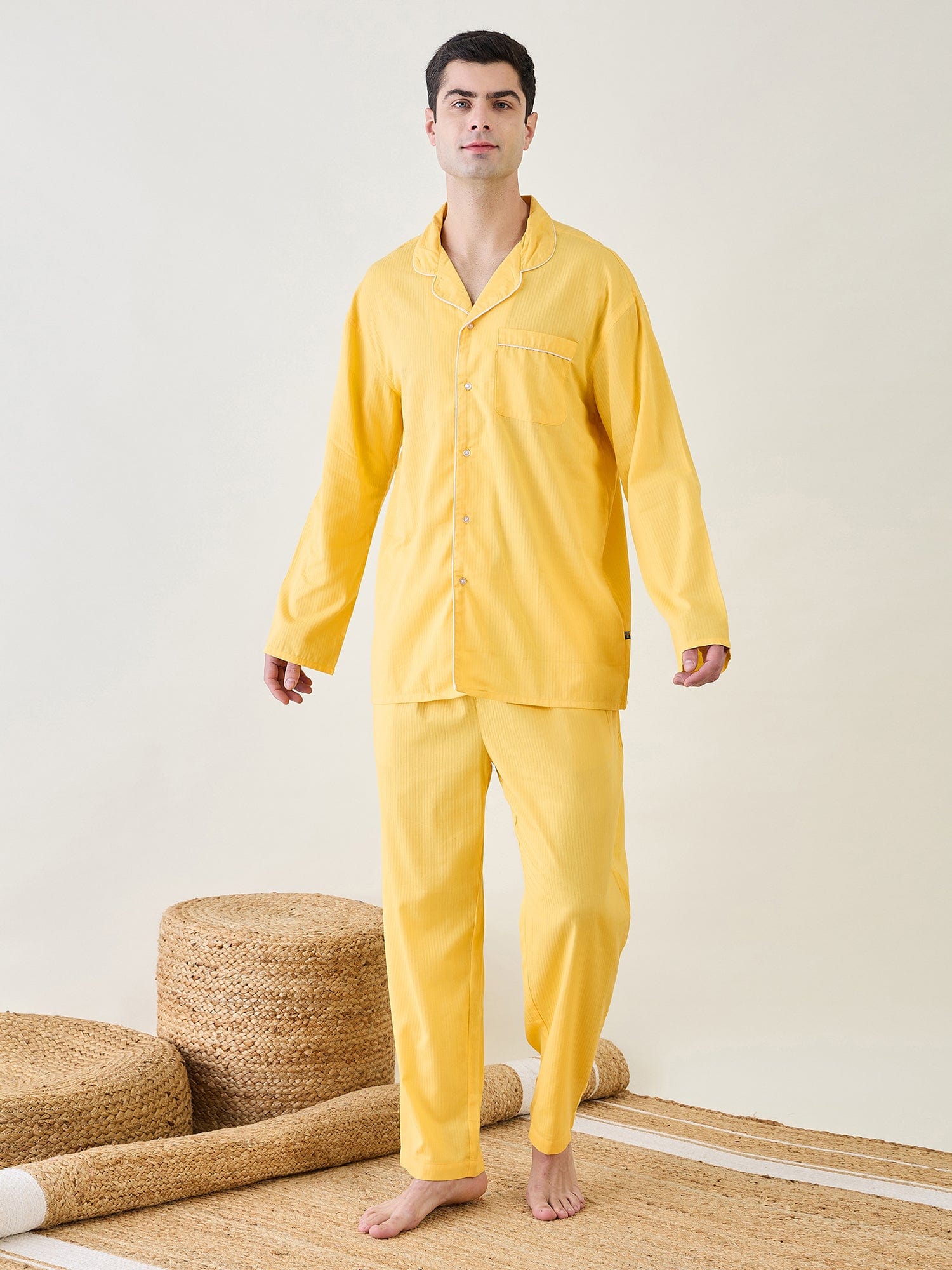 Men's 100% Cotton Yellow Night Suit Set â‚¬€œ The Kaftan Company