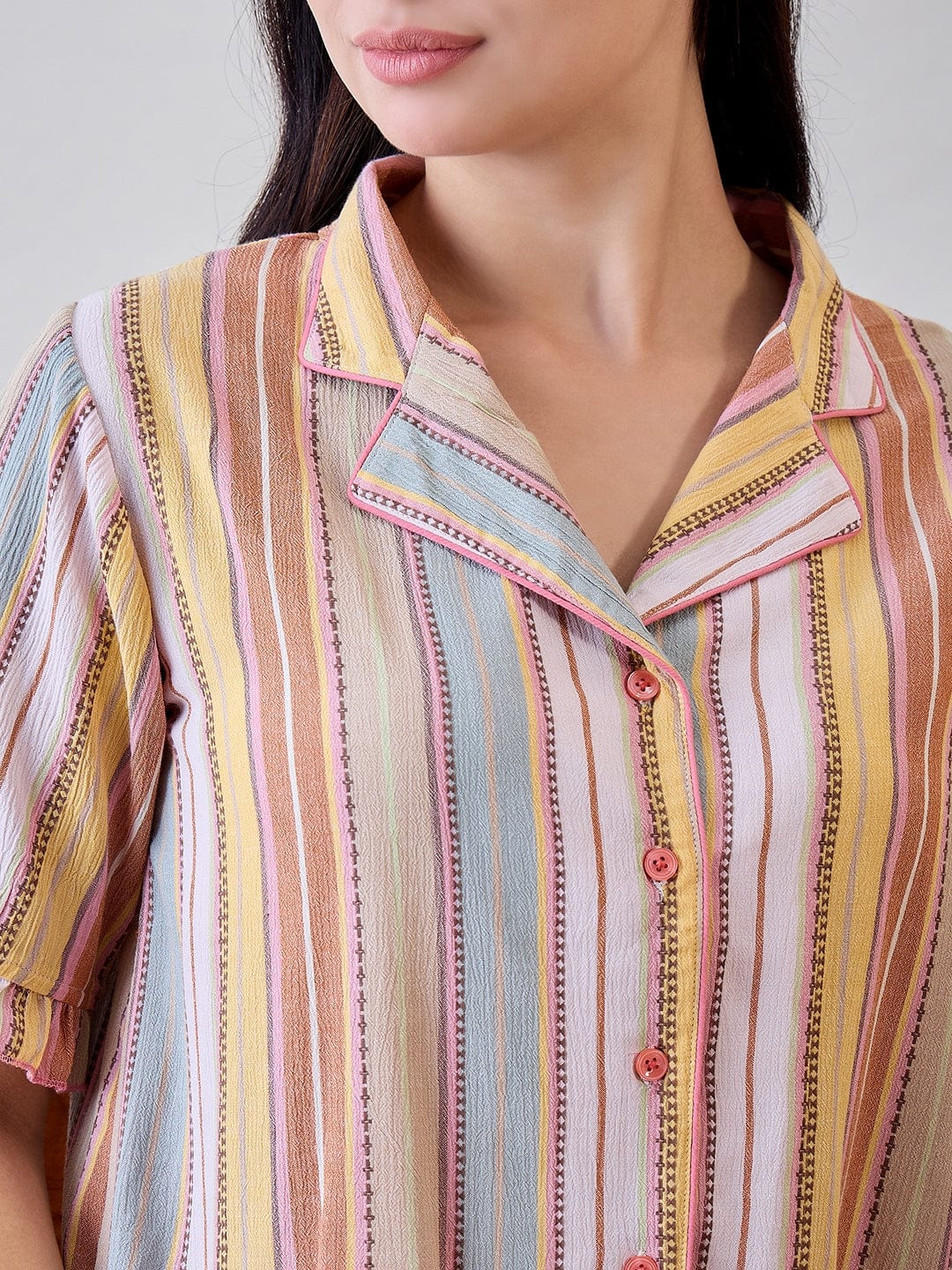 The Kaftan Company Pyjama Set Multicoloured Viscose Crinkled Striped Pyjama Set