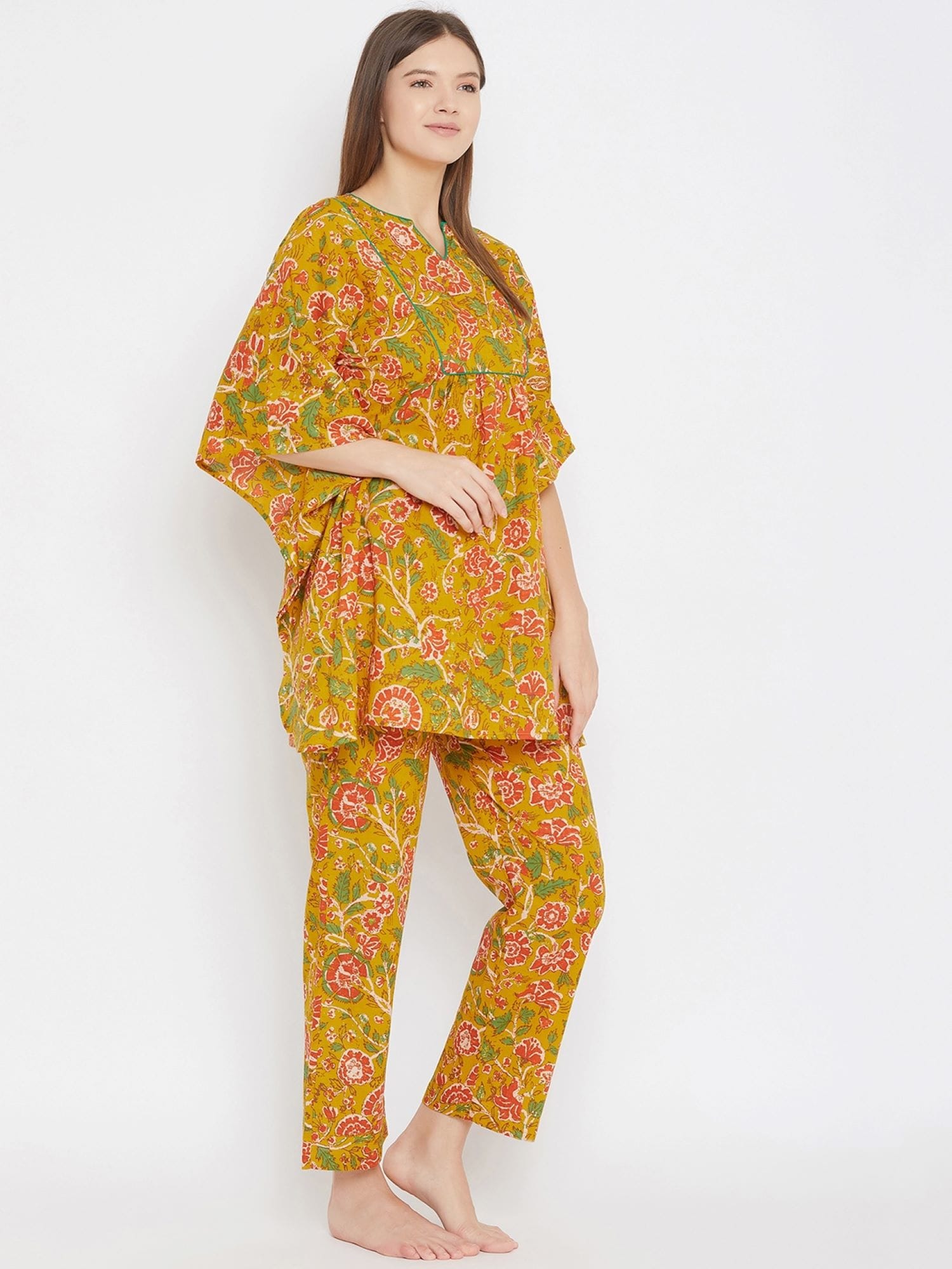 The Kaftan Company Pyjama Set Mustard Floral Kaftan Pyjama Lounge Set