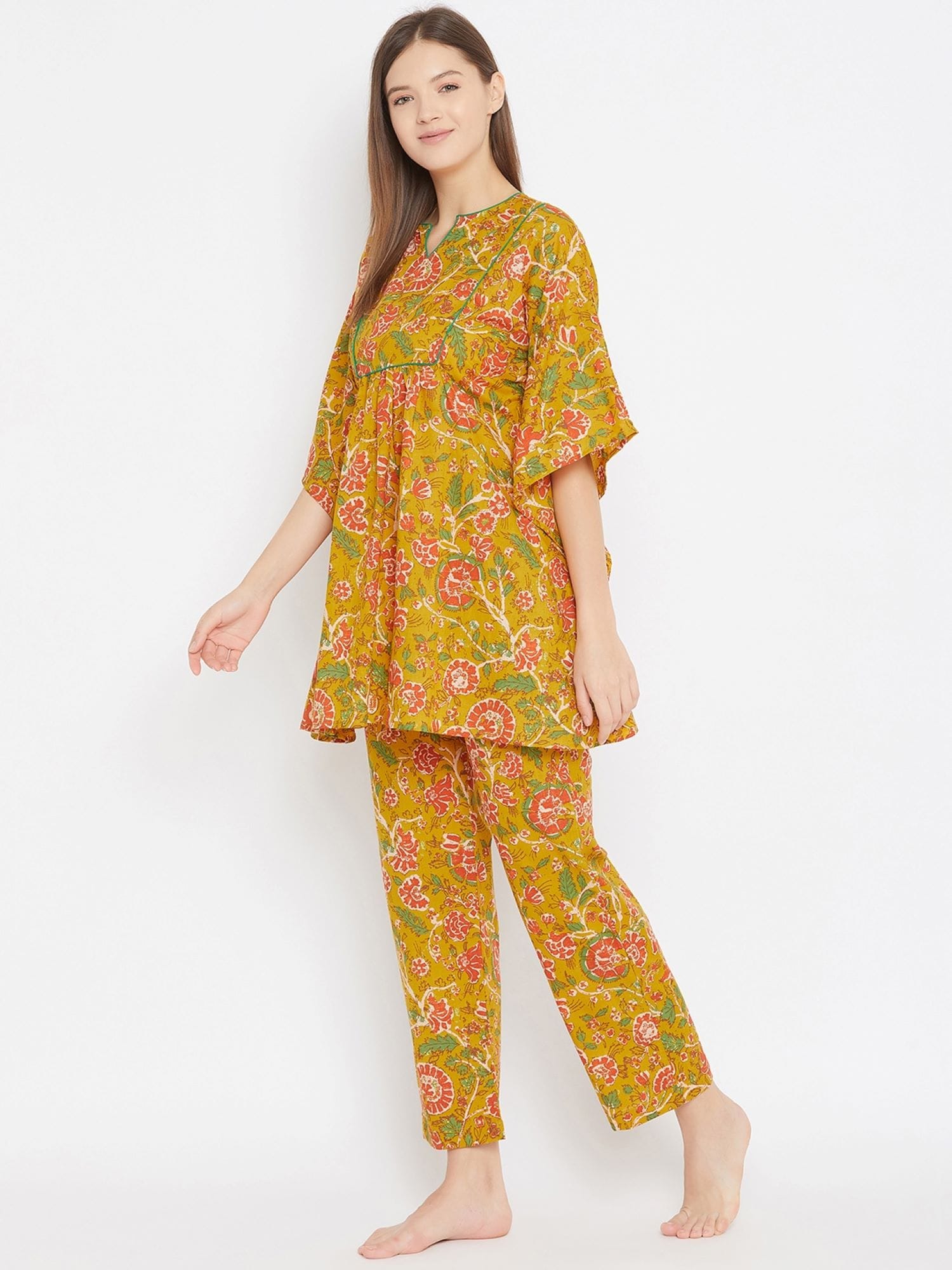 The Kaftan Company Pyjama Set Mustard Floral Kaftan Pyjama Lounge Set