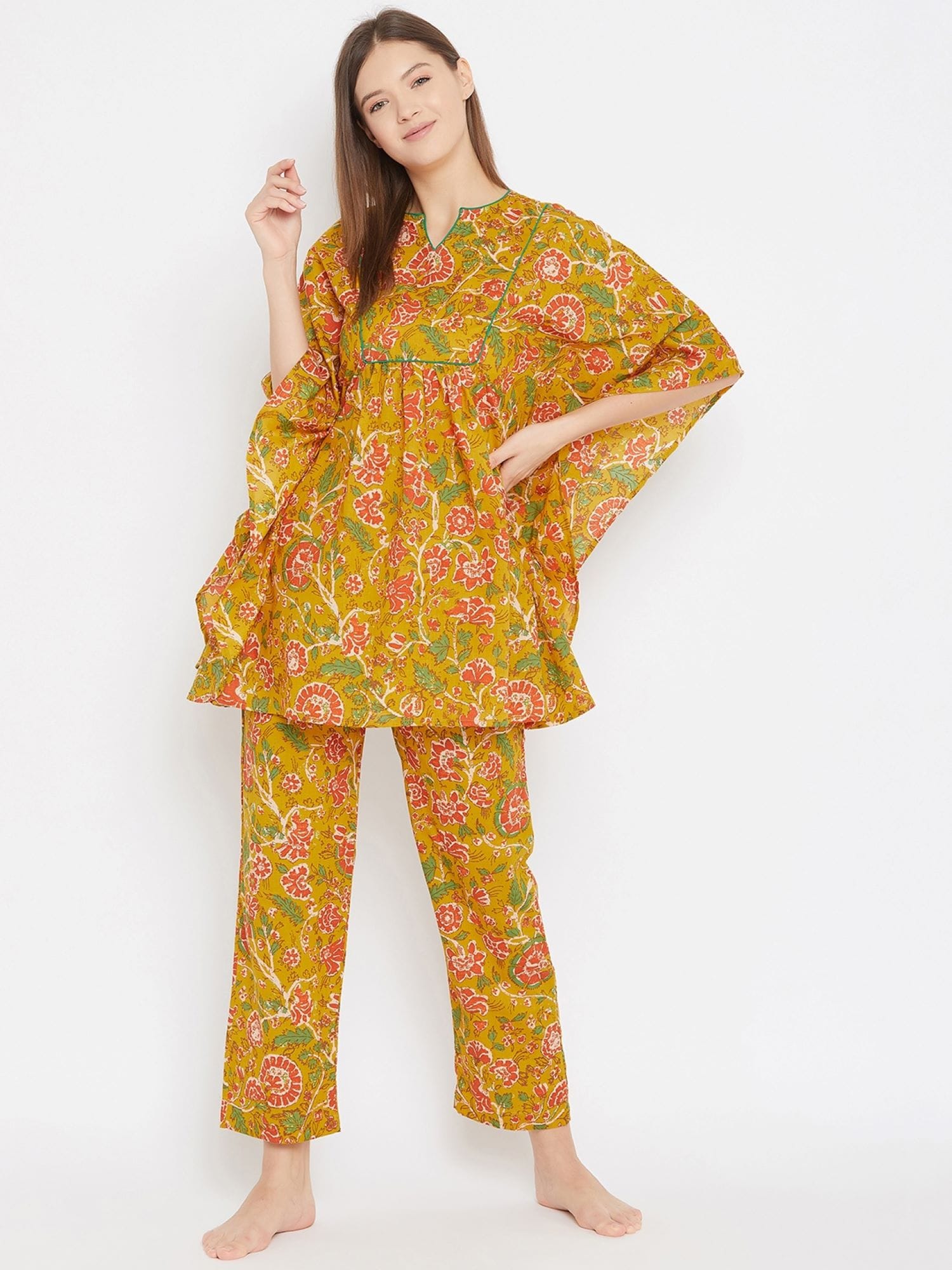 The Kaftan Company Pyjama Set Mustard Floral Kaftan Pyjama Lounge Set