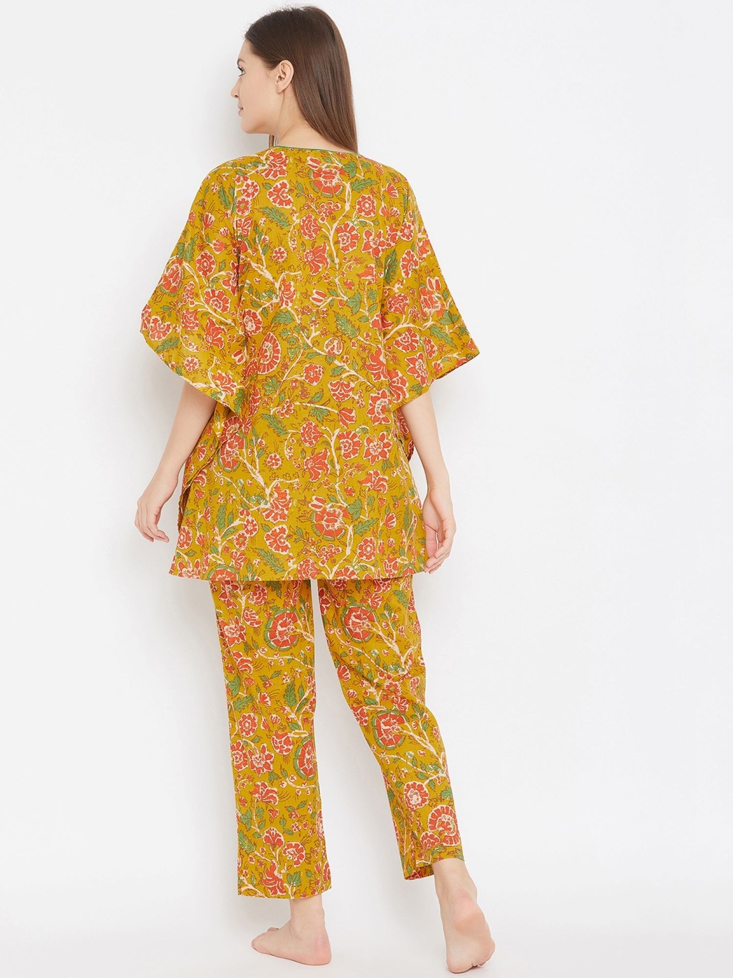 The Kaftan Company Pyjama Set Mustard Floral Kaftan Pyjama Lounge Set