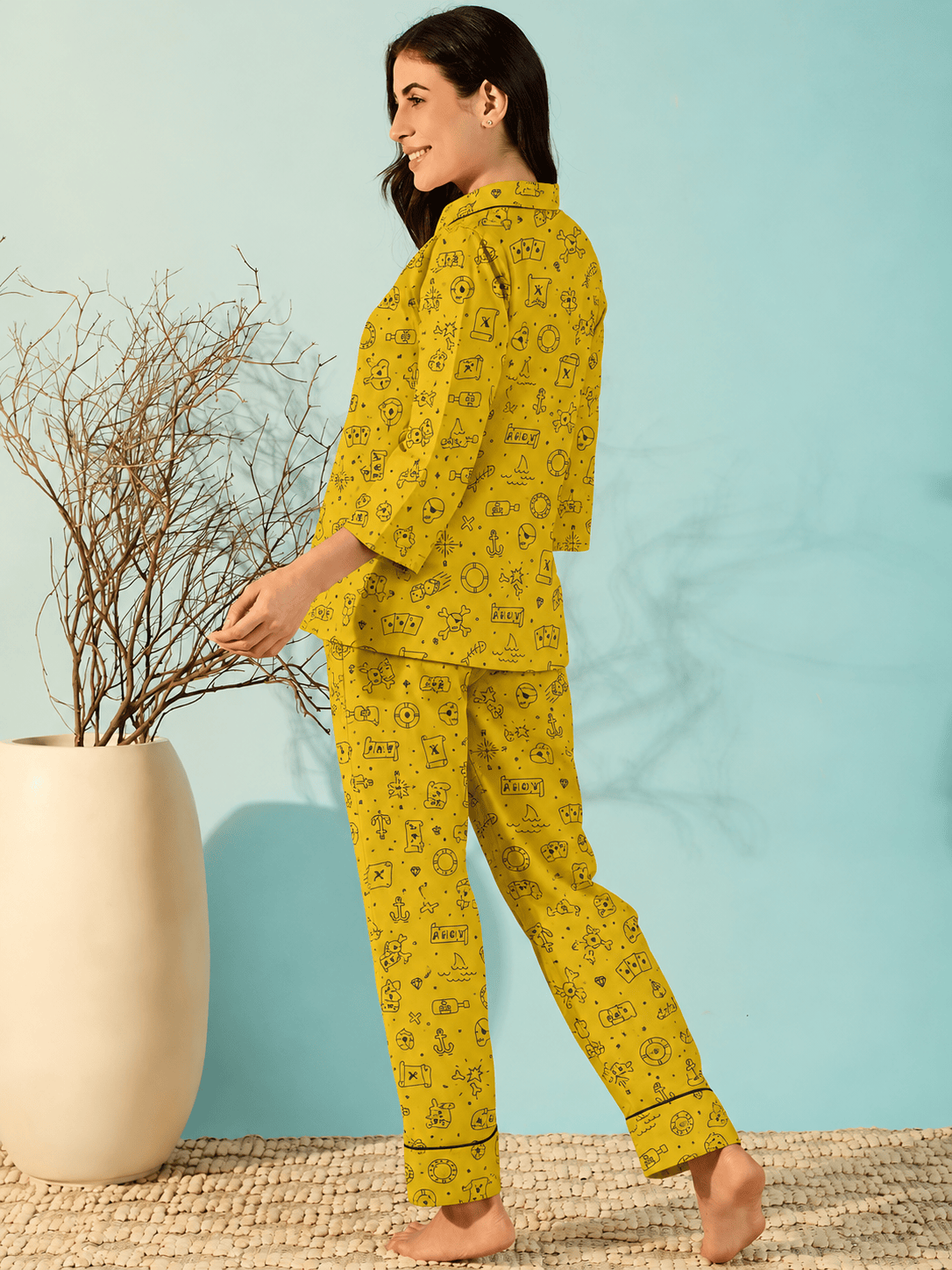 The Kaftan Company Pyjama Set Mustard Halloween Print Cotton Pyjama Set