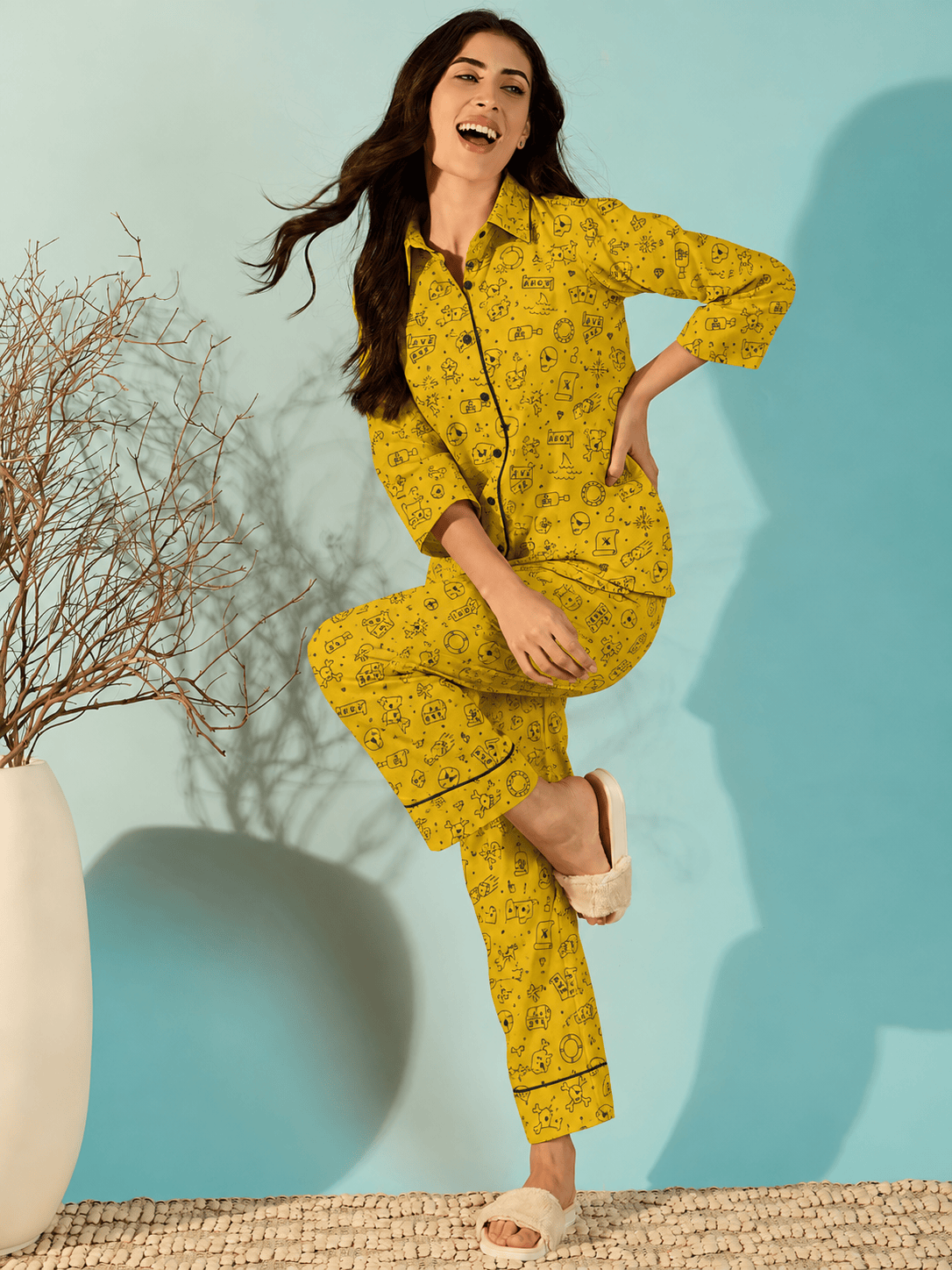 The Kaftan Company Pyjama Set Mustard Halloween Print Cotton Pyjama Set