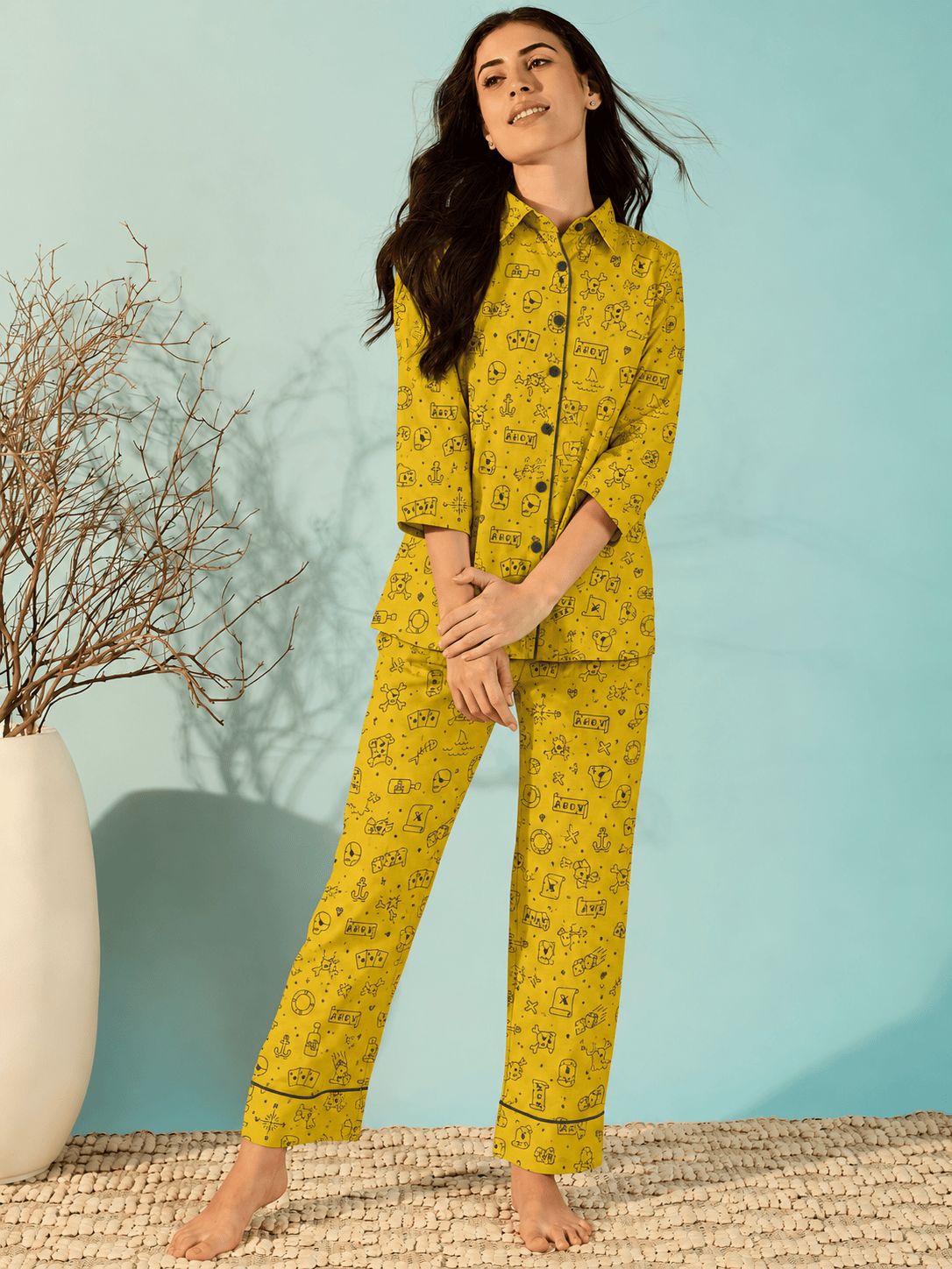 The Kaftan Company Pyjama Set Mustard Halloween Print Cotton Pyjama Set