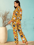 The Kaftan Company Pyjama Set Mustard Halloween Print Crepe Pyjama Set with Eye Mask