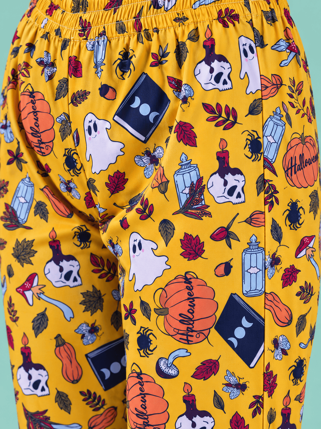 The Kaftan Company Pyjama Set Mustard Halloween Print Crepe Pyjama Set with Eye Mask