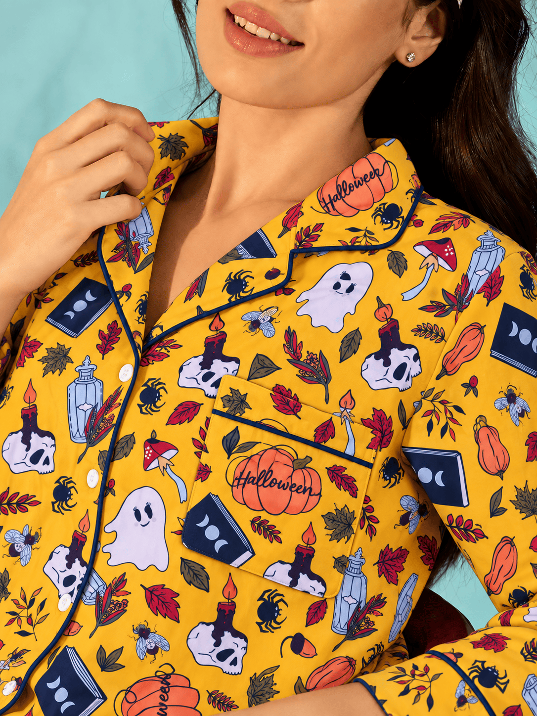 The Kaftan Company Pyjama Set Mustard Halloween Print Crepe Pyjama Set with Eye Mask