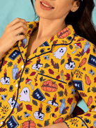 The Kaftan Company Pyjama Set Mustard Halloween Print Crepe Pyjama Set with Eye Mask
