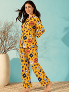 The Kaftan Company Pyjama Set Mustard Halloween Print Crepe Pyjama Set with Eye Mask