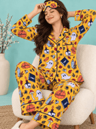 The Kaftan Company Pyjama Set Mustard Halloween Print Crepe Pyjama Set with Eye Mask