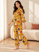 The Kaftan Company Pyjama Set Mustard Halloween Print Crepe Pyjama Set with Eye Mask