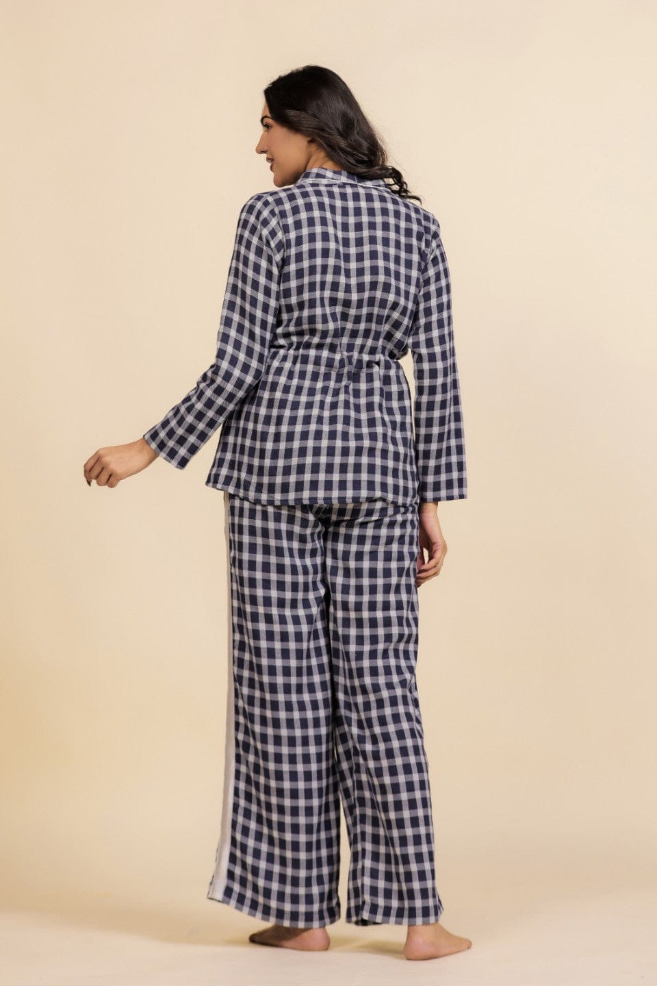 The Kaftan Company Pyjama Set Navy and White Gingham Check Cotton Loungeset