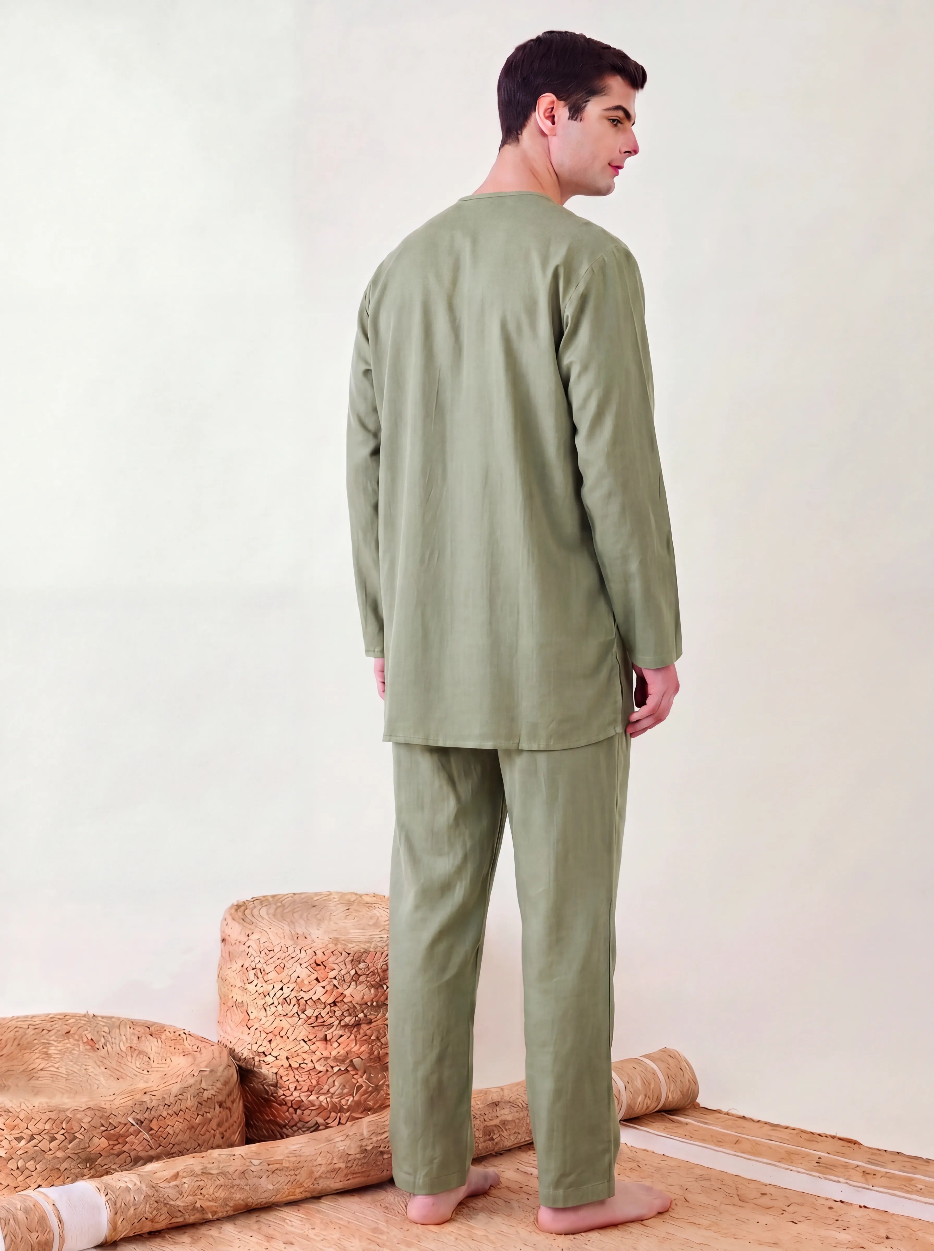 The Kaftan Company Pyjama Set Olive Green Cotton Satin Pyjama Set for Men