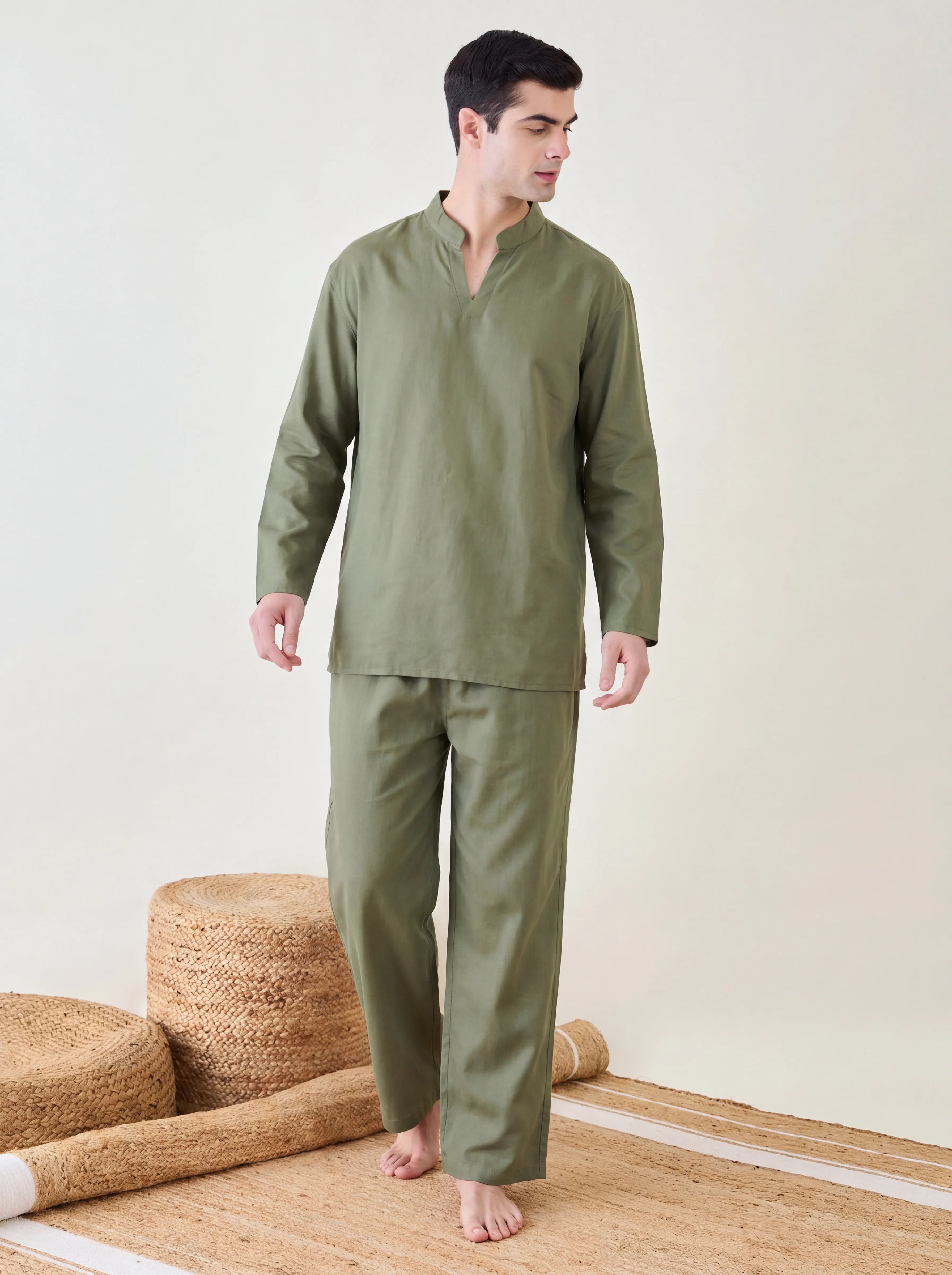 The Kaftan Company Pyjama Set Olive Green Cotton Satin Pyjama Set for Men