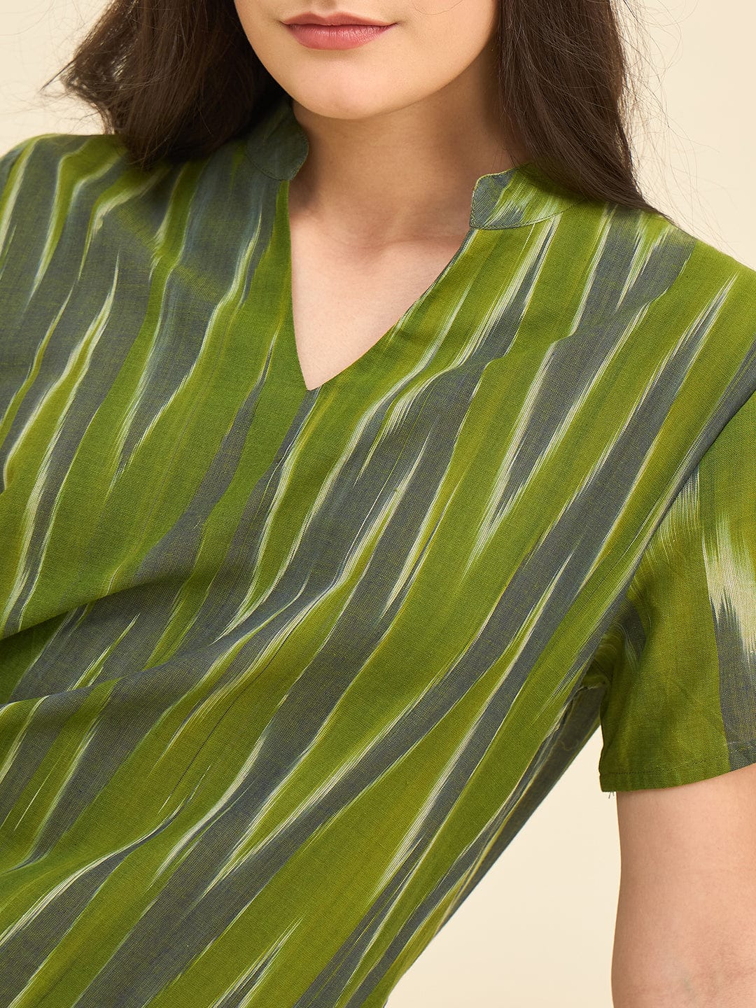 The Kaftan Company Pyjama Set Olive Green Ikat Handloom Cotton Co-ord Set – Puff Sleeve Kurta & Straight Pyjama Pants