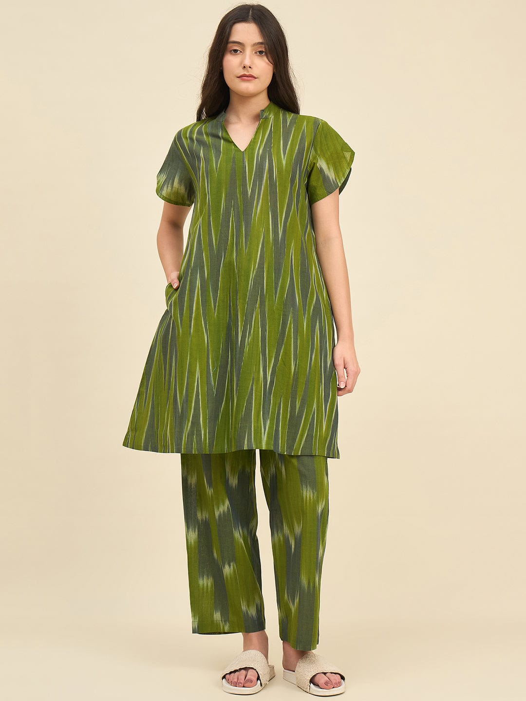 The Kaftan Company Pyjama Set Olive Green Ikat Handloom Cotton Co-ord Set – Puff Sleeve Kurta & Straight Pyjama Pants