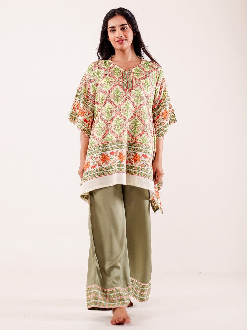 The Kaftan Company Pyjama Set Olive Printed Viscose Rayon Nightwear Pyjama Set