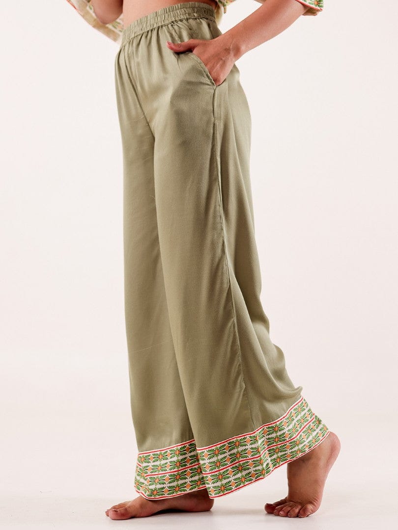 The Kaftan Company Pyjama Set Olive Printed Viscose Rayon Nightwear Pyjama Set