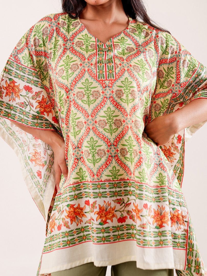 The Kaftan Company Pyjama Set Olive Printed Viscose Rayon Nightwear Pyjama Set