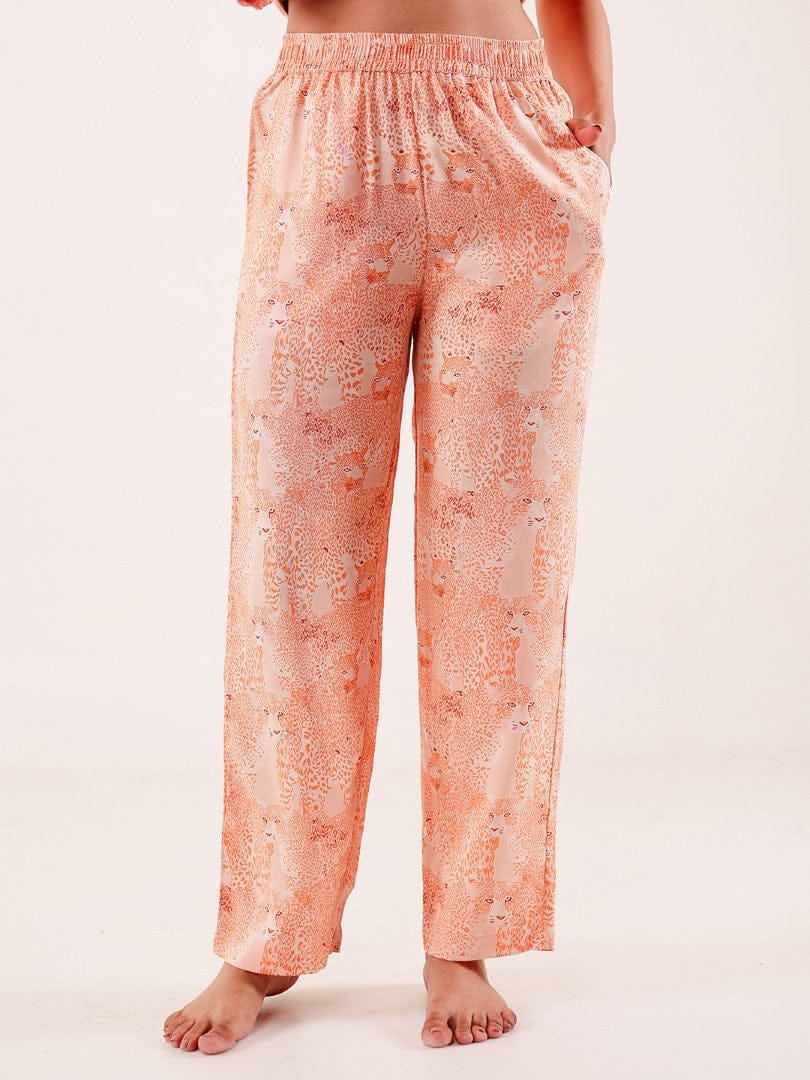 The Kaftan Company Pyjama Set Peach Animal Printed Viscose Rayon Pyjama Set