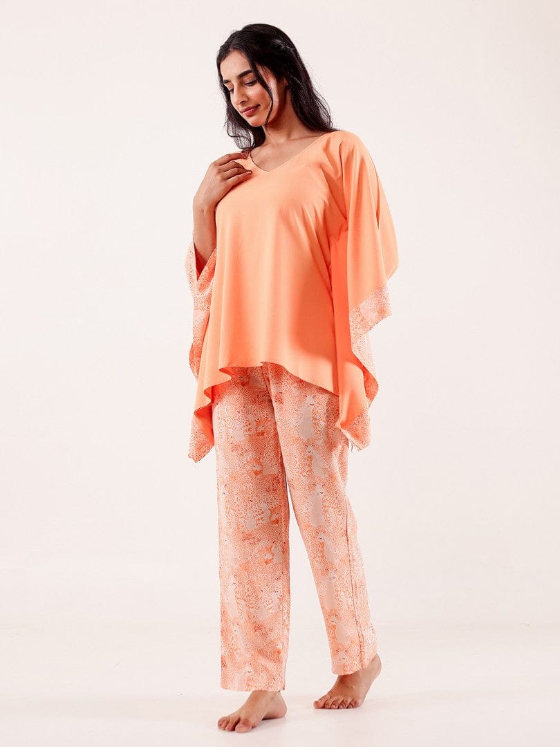 The Kaftan Company Pyjama Set Peach Animal Printed Viscose Rayon Pyjama Set