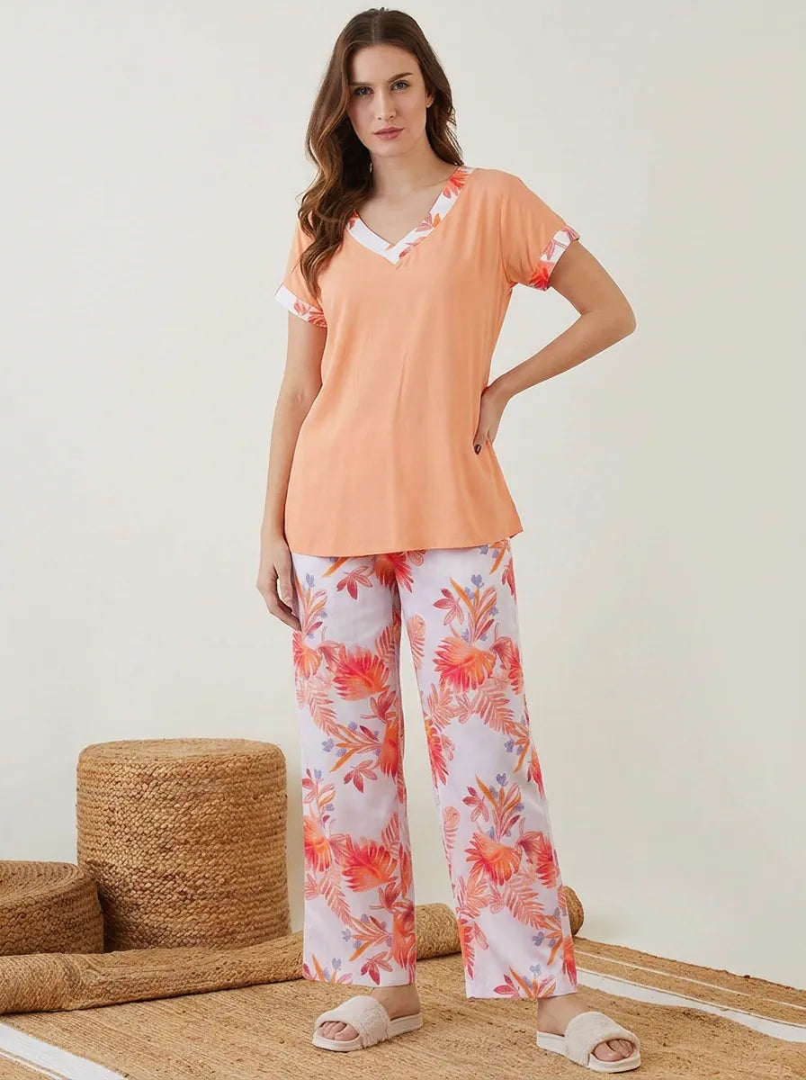 The Kaftan Company Pyjama Set Peach Solid Top with Tropical Floral Pyjama Set for Women