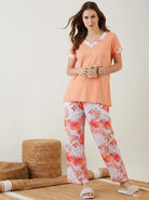 The Kaftan Company Pyjama Set Peach Solid Top with Tropical Floral Pyjama Set for Women