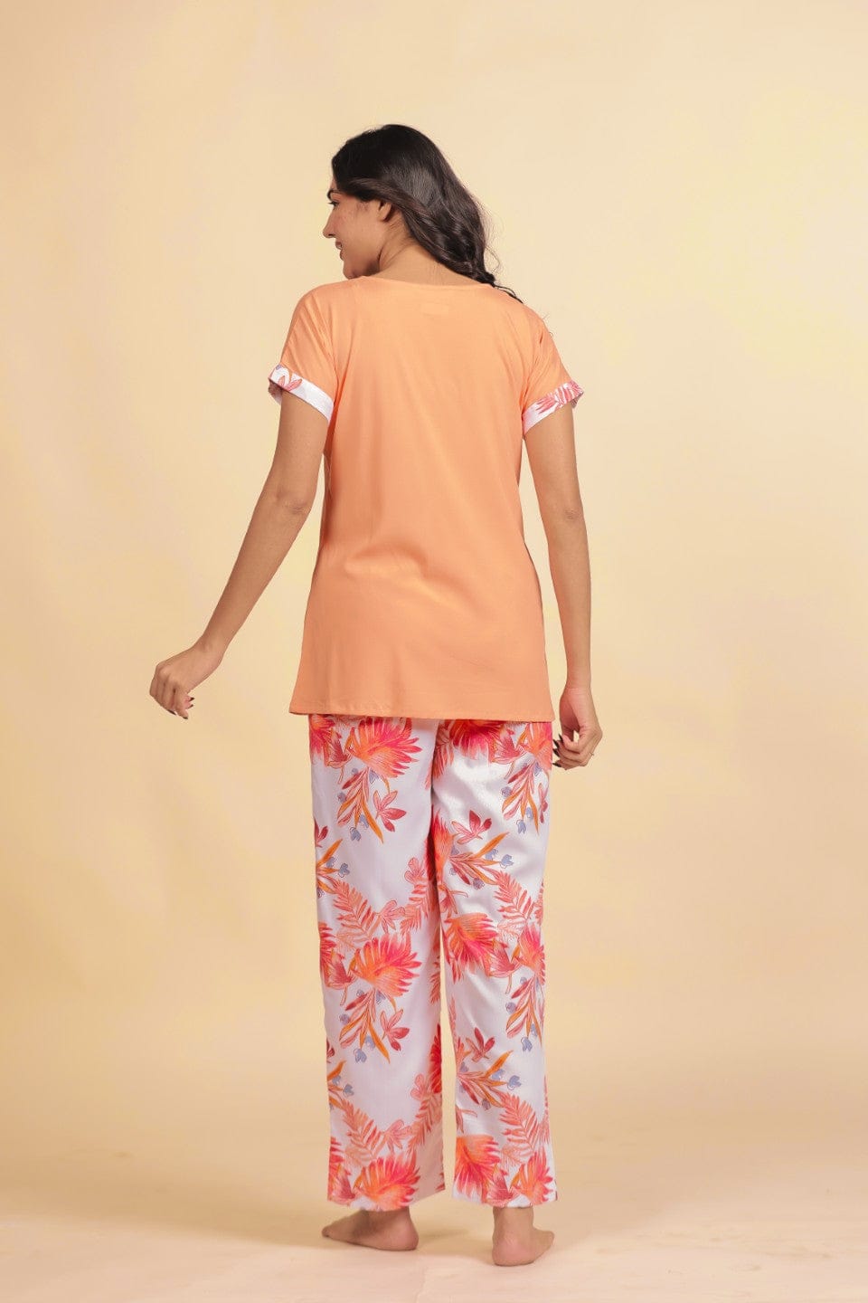 The Kaftan Company Pyjama Set Peach V-Neck Top and Tropical Floral Print Pyjama Loungeset