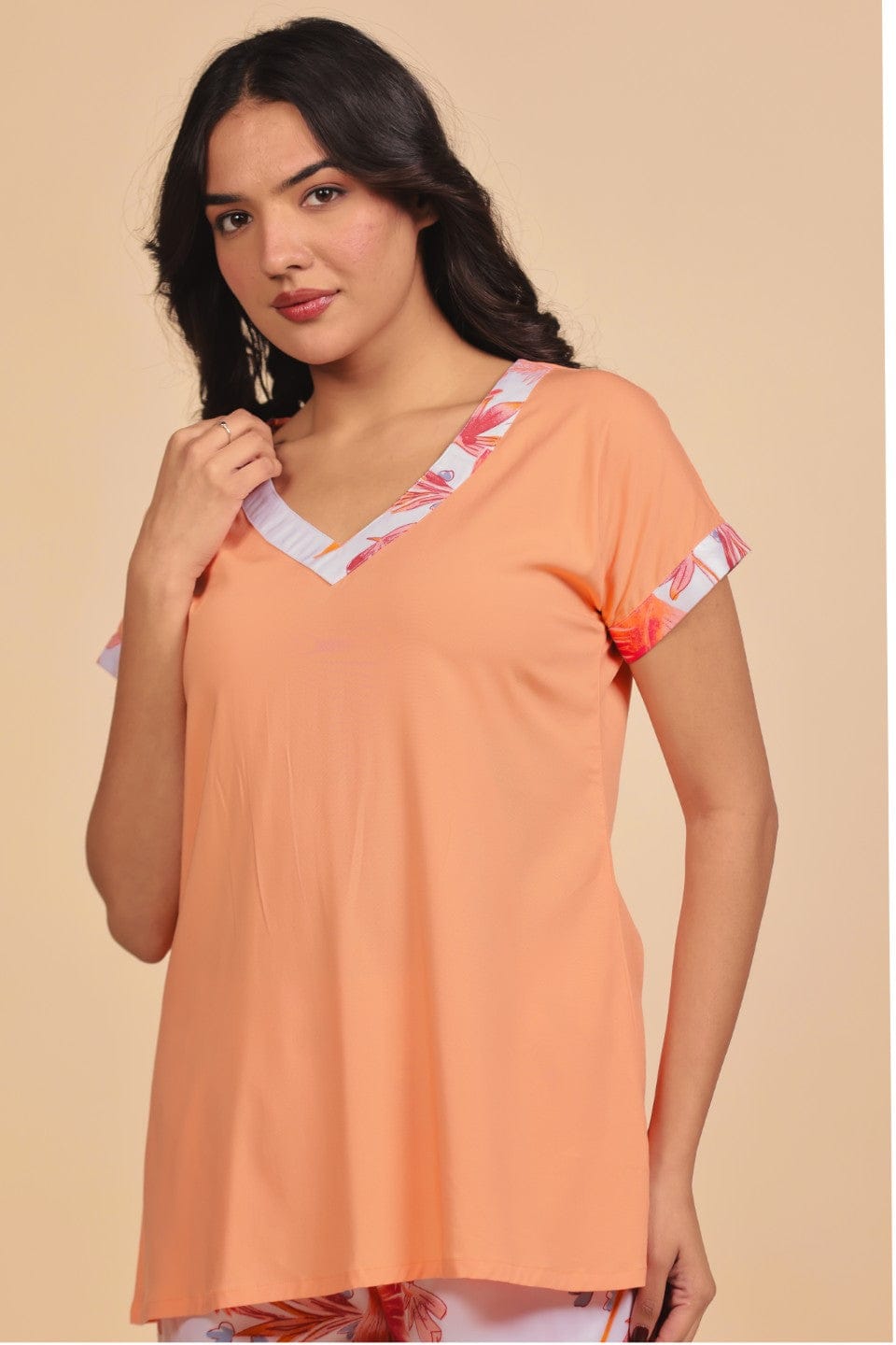 The Kaftan Company Pyjama Set Peach V-Neck Top and Tropical Floral Print Pyjama Loungeset